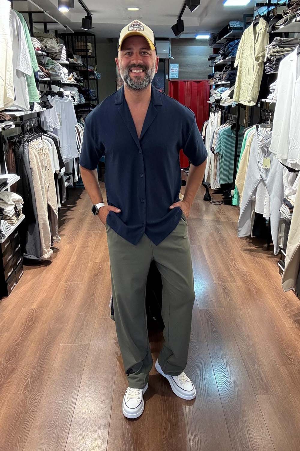 Erkek Lacivert Apaç Yaka Örme Kumaş Over Size Gömlek GML2219-L