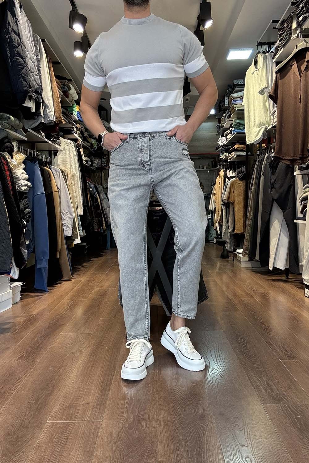Erkek Gri BoyFriend Denim Pantolon PNT2356