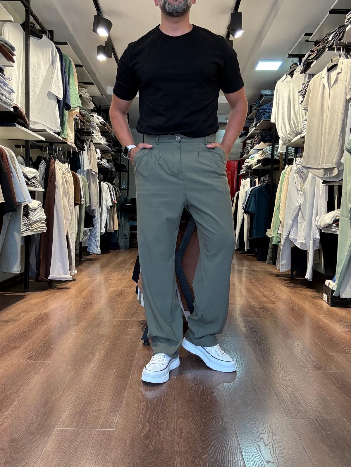 Erkek Yeşil Baggy Model Pileli Yüksek Bel Kumaş Patolon PNT4032-Y