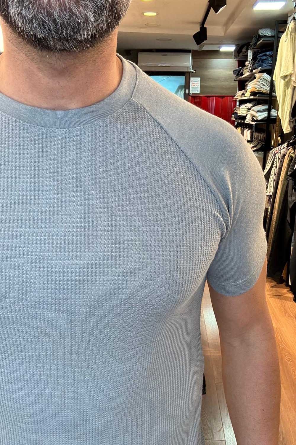 Erkek  Gri Reglan Kol Oval Kesim Wafle Kumaş T-Shirt  TST471-G