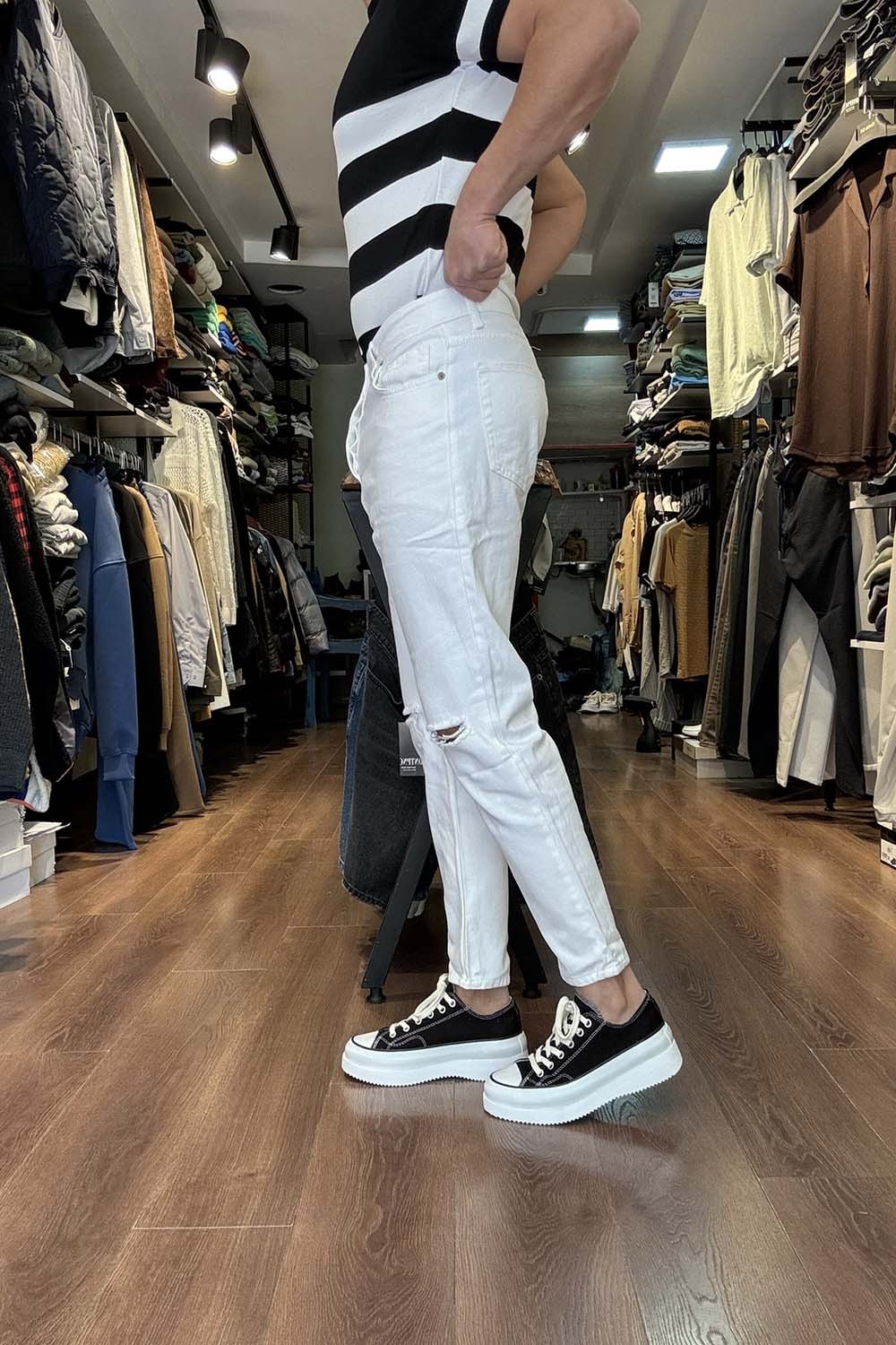 Erkek Beyaz BoyFriend Denim Pantolon PNT2512