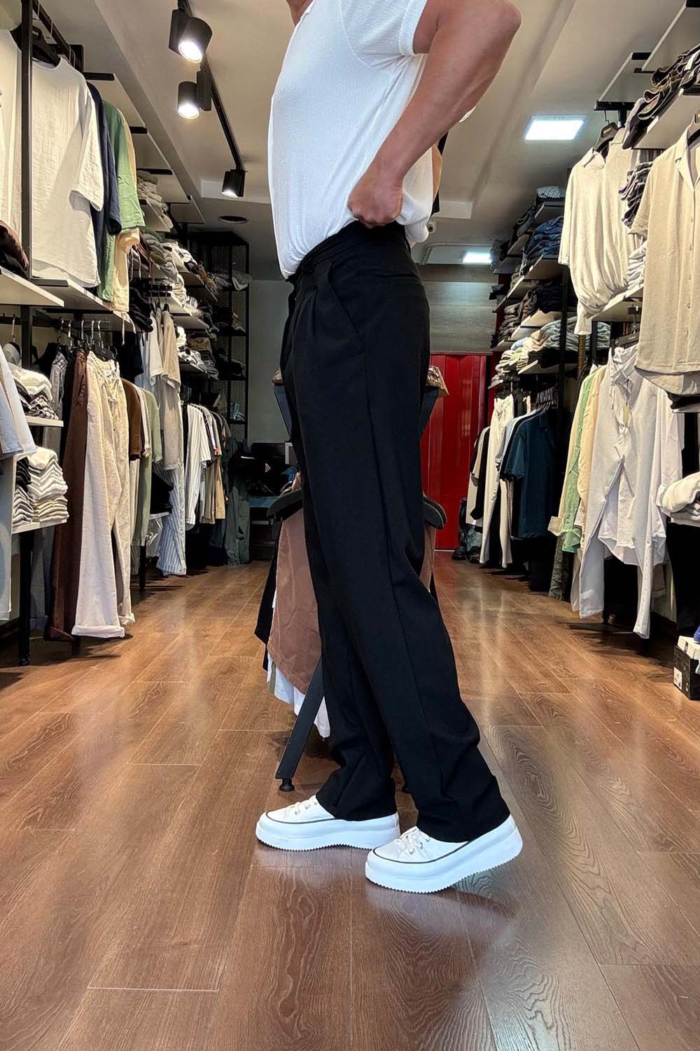 Erkek Siyah Baggy Model Pileli Yüksek Bel Kumaş Patolon PNT4032-S