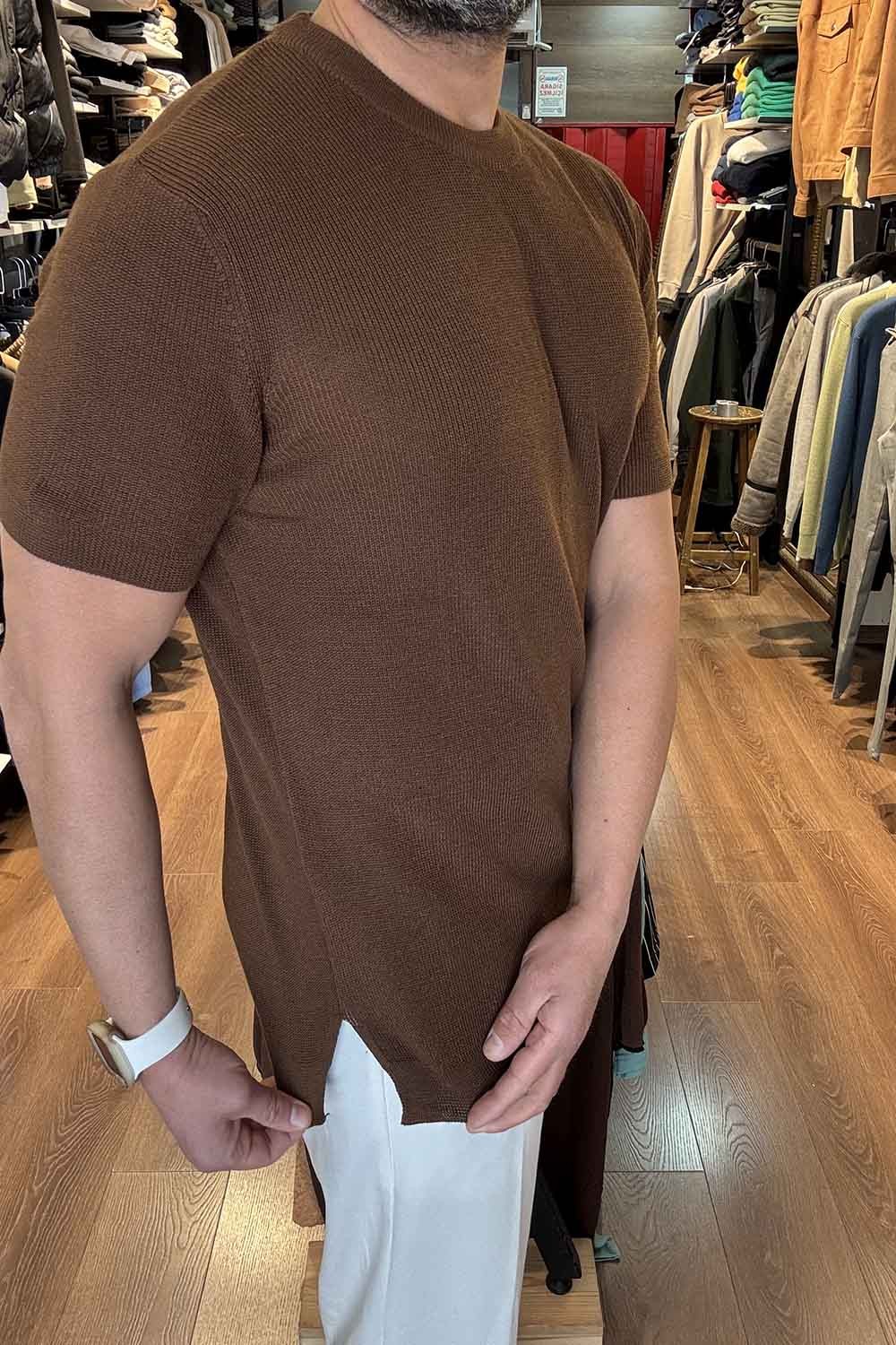 Kahve Sıfır Yaka Triko T-Shirt CDD3056K