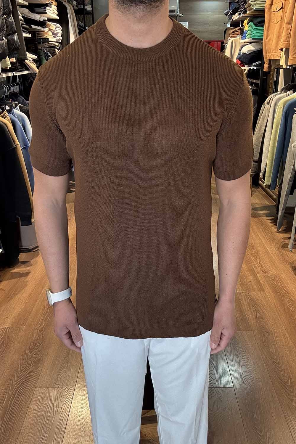 Kahve Sıfır Yaka Triko T-Shirt CDD3056K