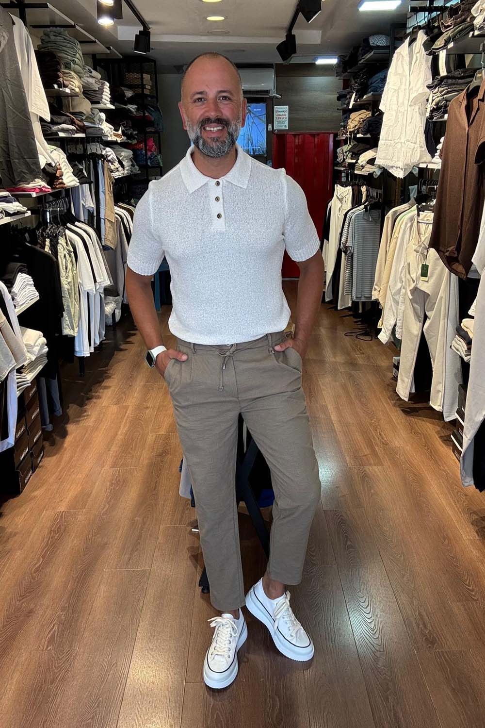 Erkek  Pileli Bel Bağcıklı Boyfrıend Kalıp Keten Pantolon JBF013
