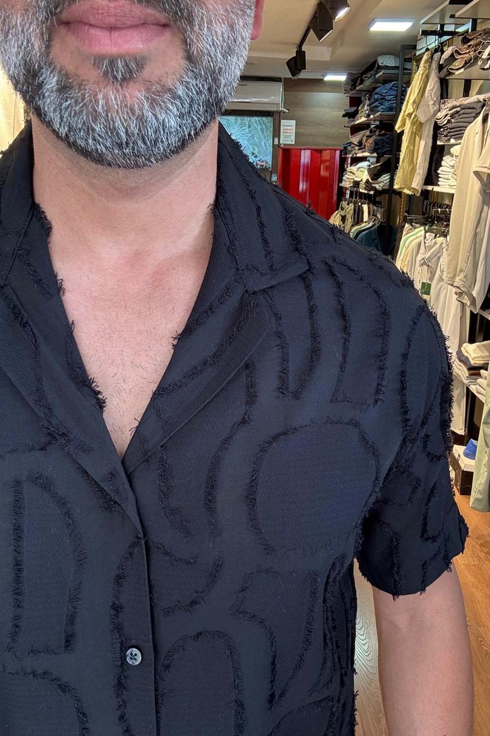 Erkek Siyah Apaş Yaka Özel Desenli Over Size Gömlek GML2514-S