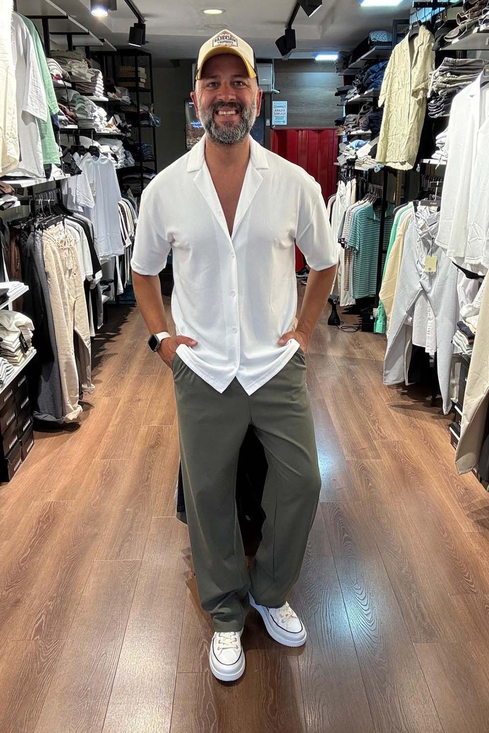 Erkek Beyaz Apaç Yaka Örme Kumaş Over Size Gömlek GML2219-B