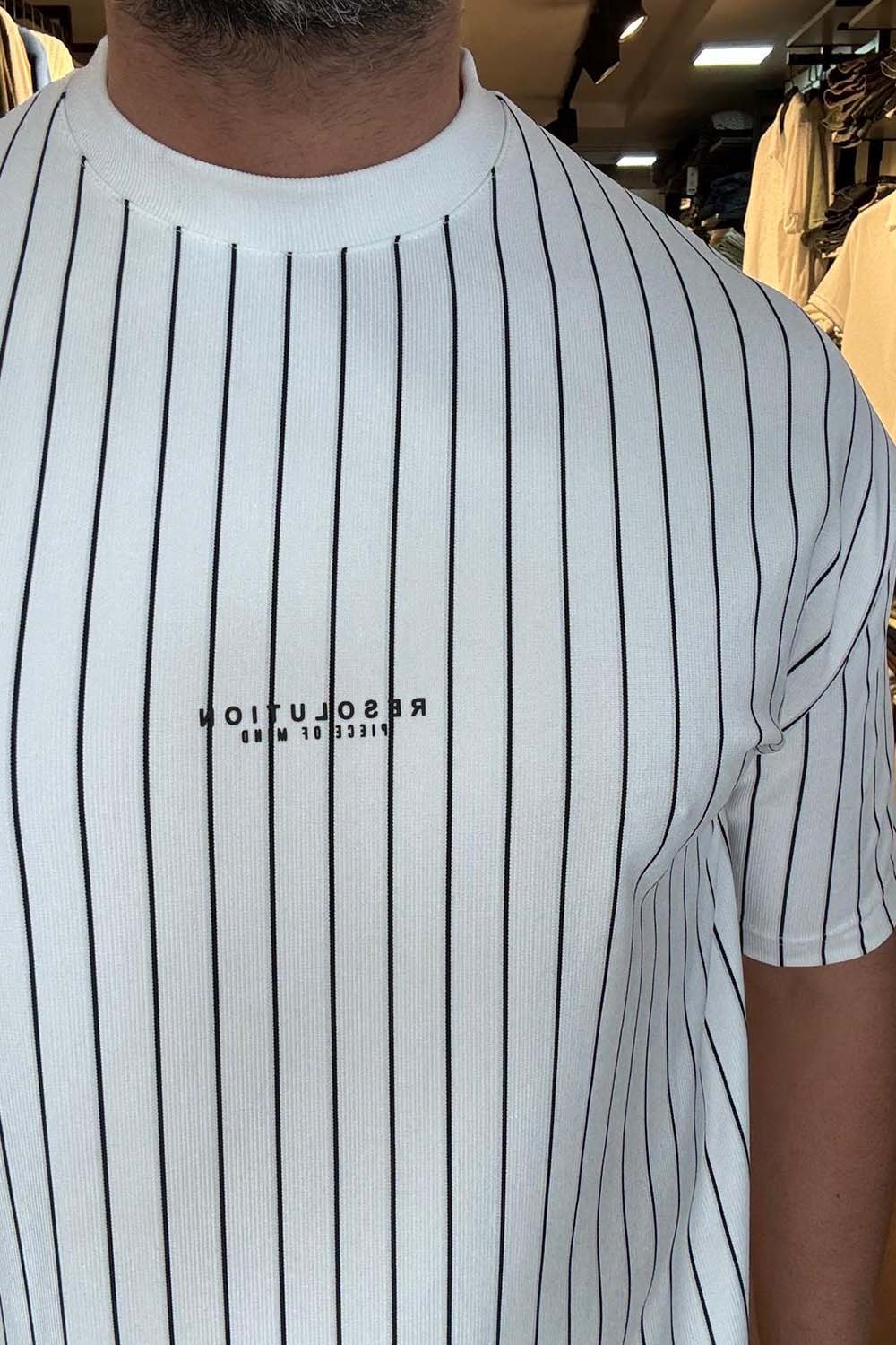 Erkek Beyaz Çizgili  Sırt Detaylı Over Size T-Shirt TST2066-B