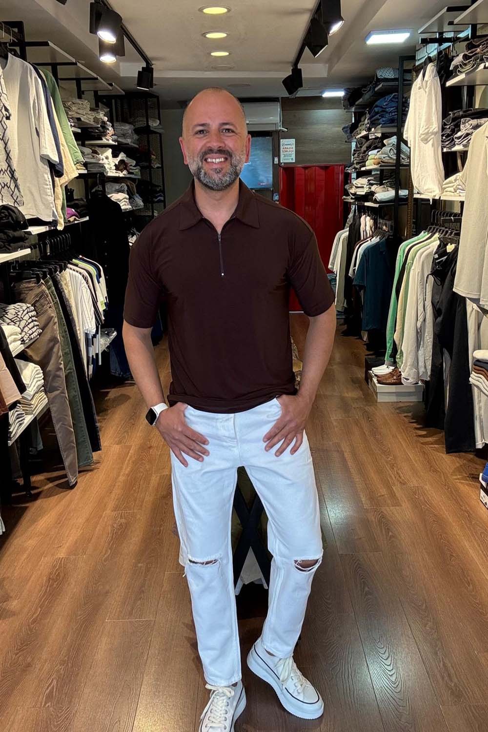 Erkek Kahve Over Size Fermuarlı Polo Yaka T-Shırt TST2444