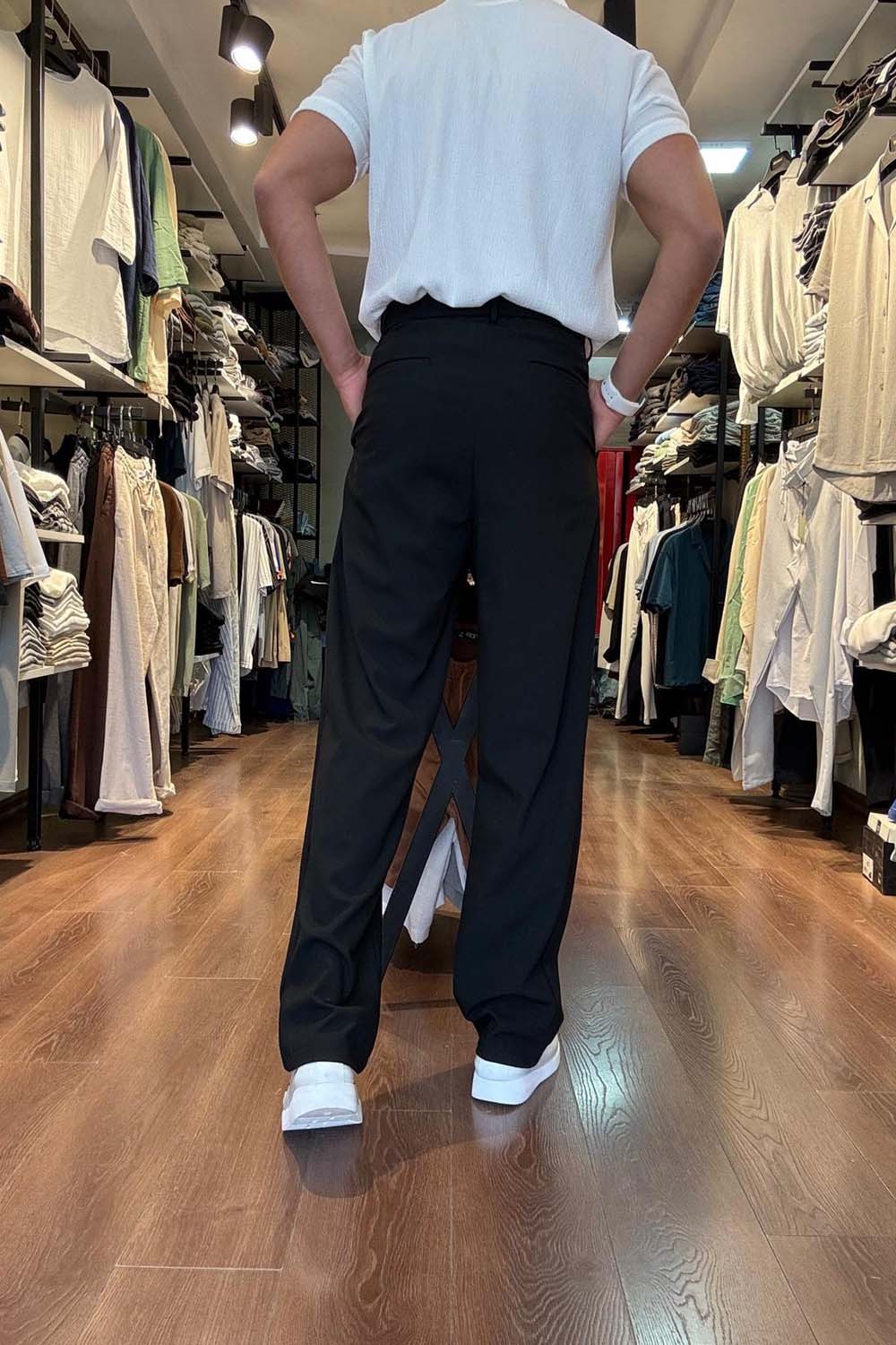 Erkek Siyah Baggy Model Pileli Yüksek Bel Kumaş Patolon PNT4032-S