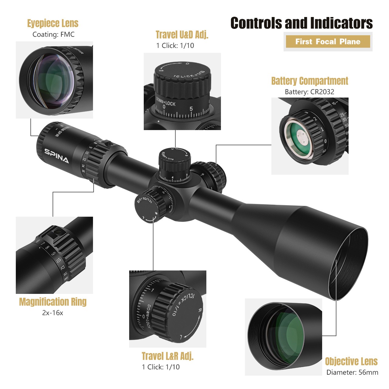 Spina Falconpoint 2-16×56 FFP (SCFF-2316) Rifle Scope
