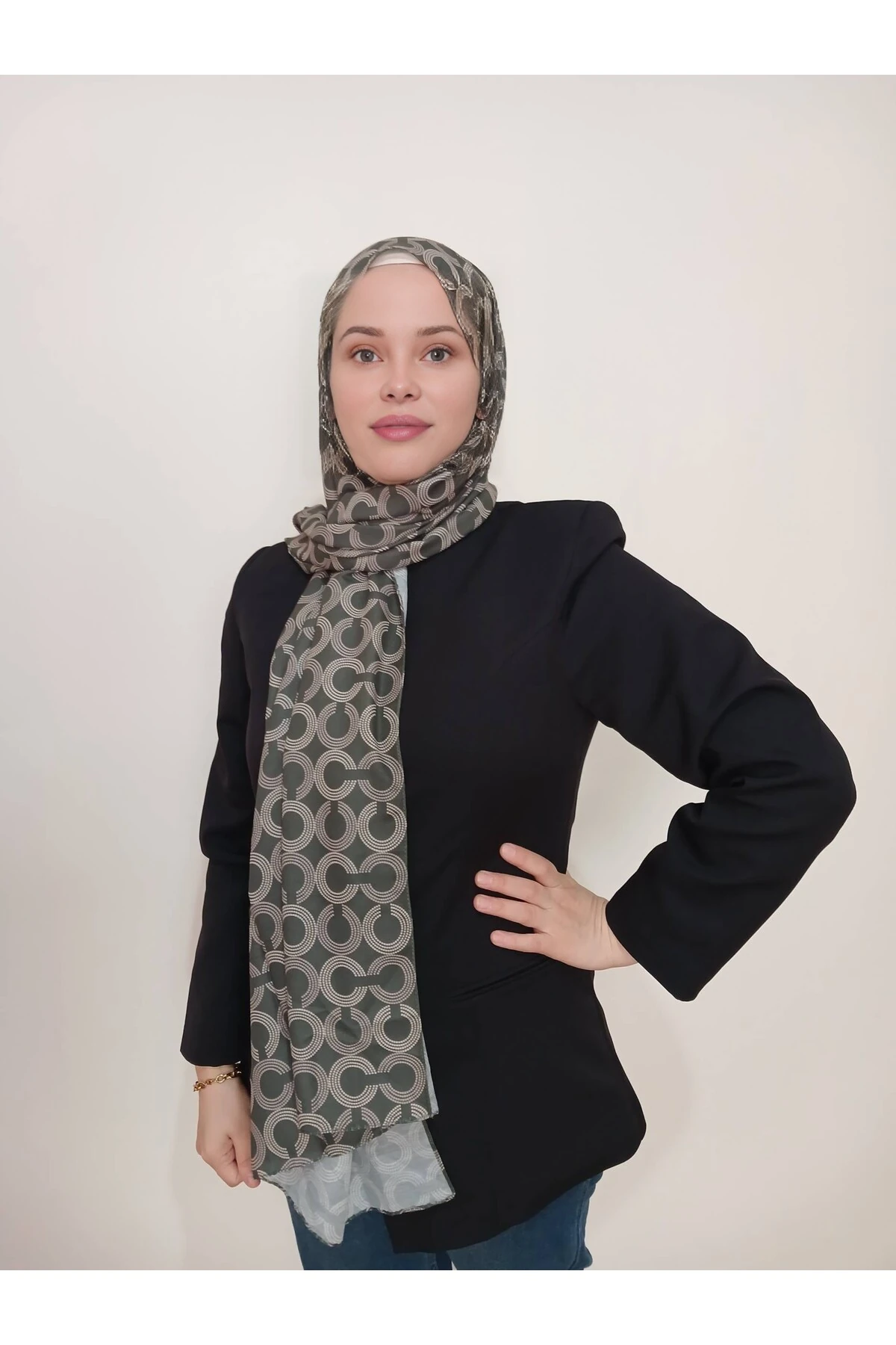 Yuvarlak Desenli Haki Şal