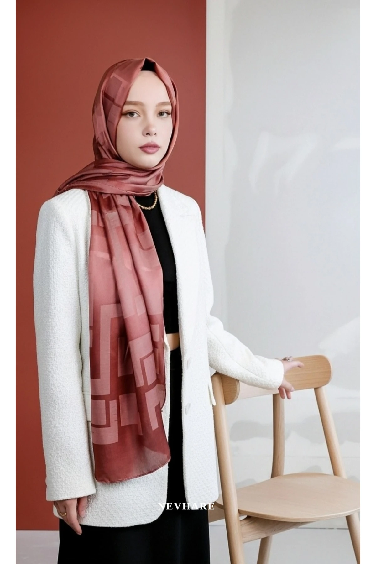 Kiremit Dörtgen Desenli Jakarlı Şal