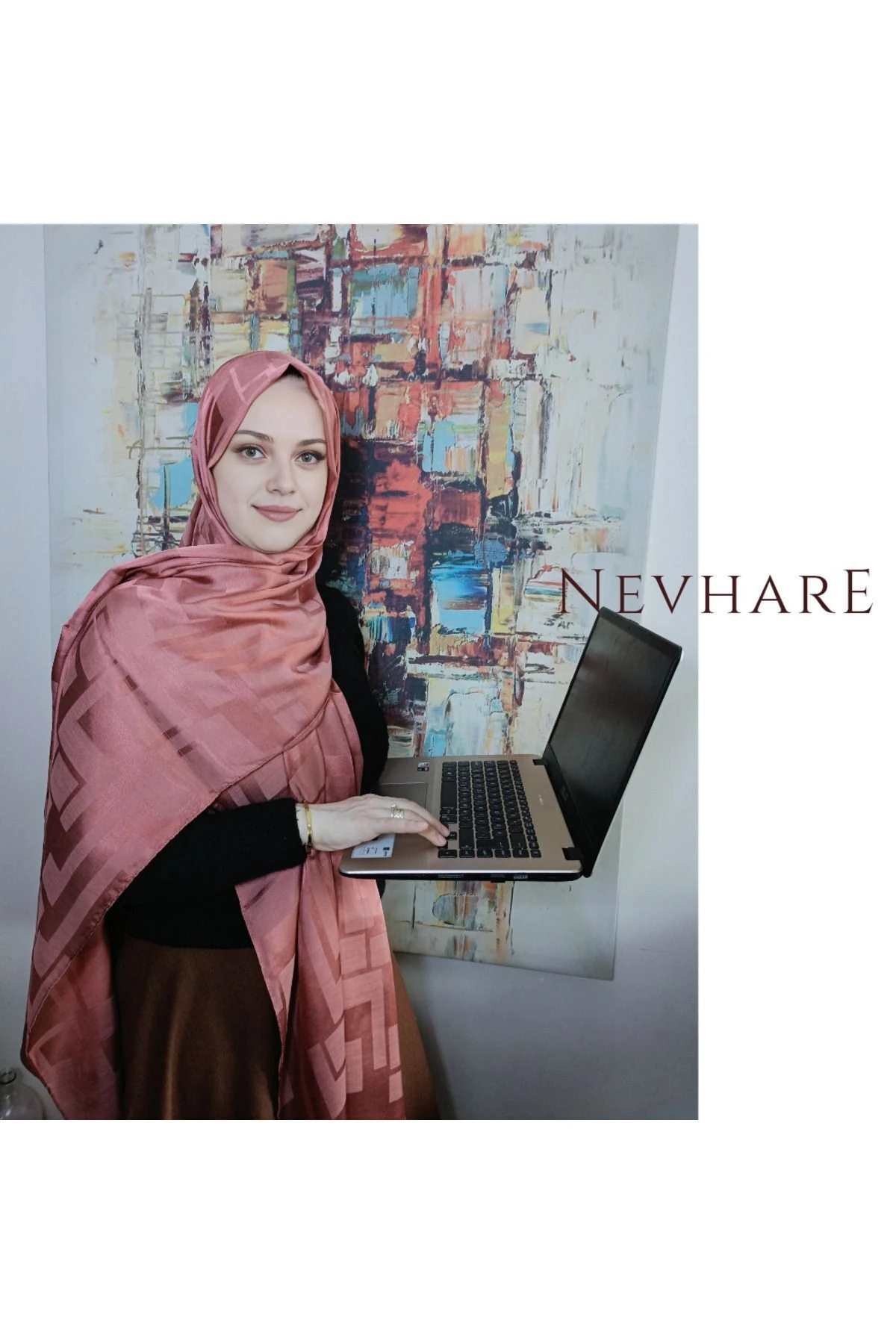 Kiremit Dörtgen Desenli Jakarlı Şal