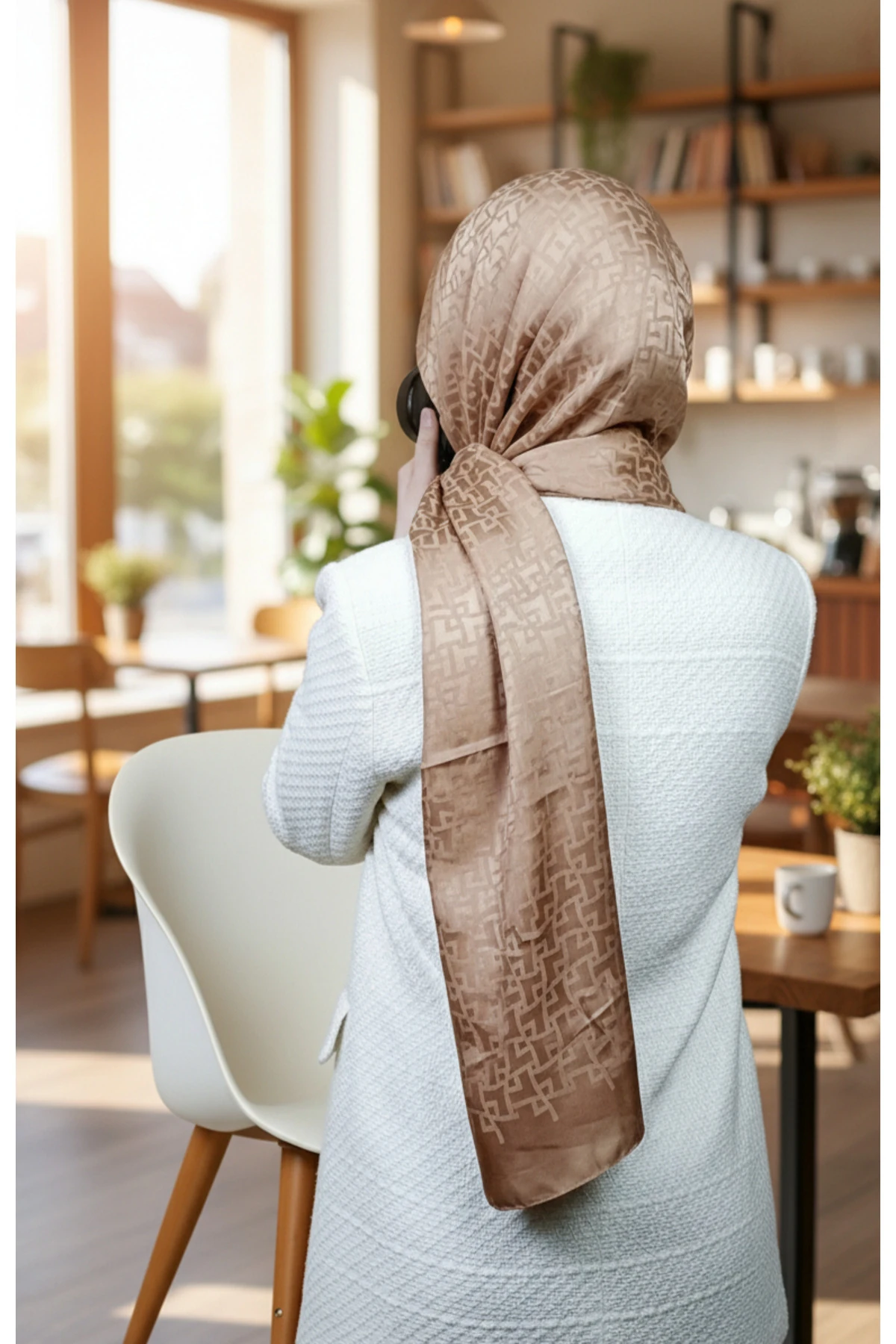 Krem Çizgi Desenli Jakarlı Şal