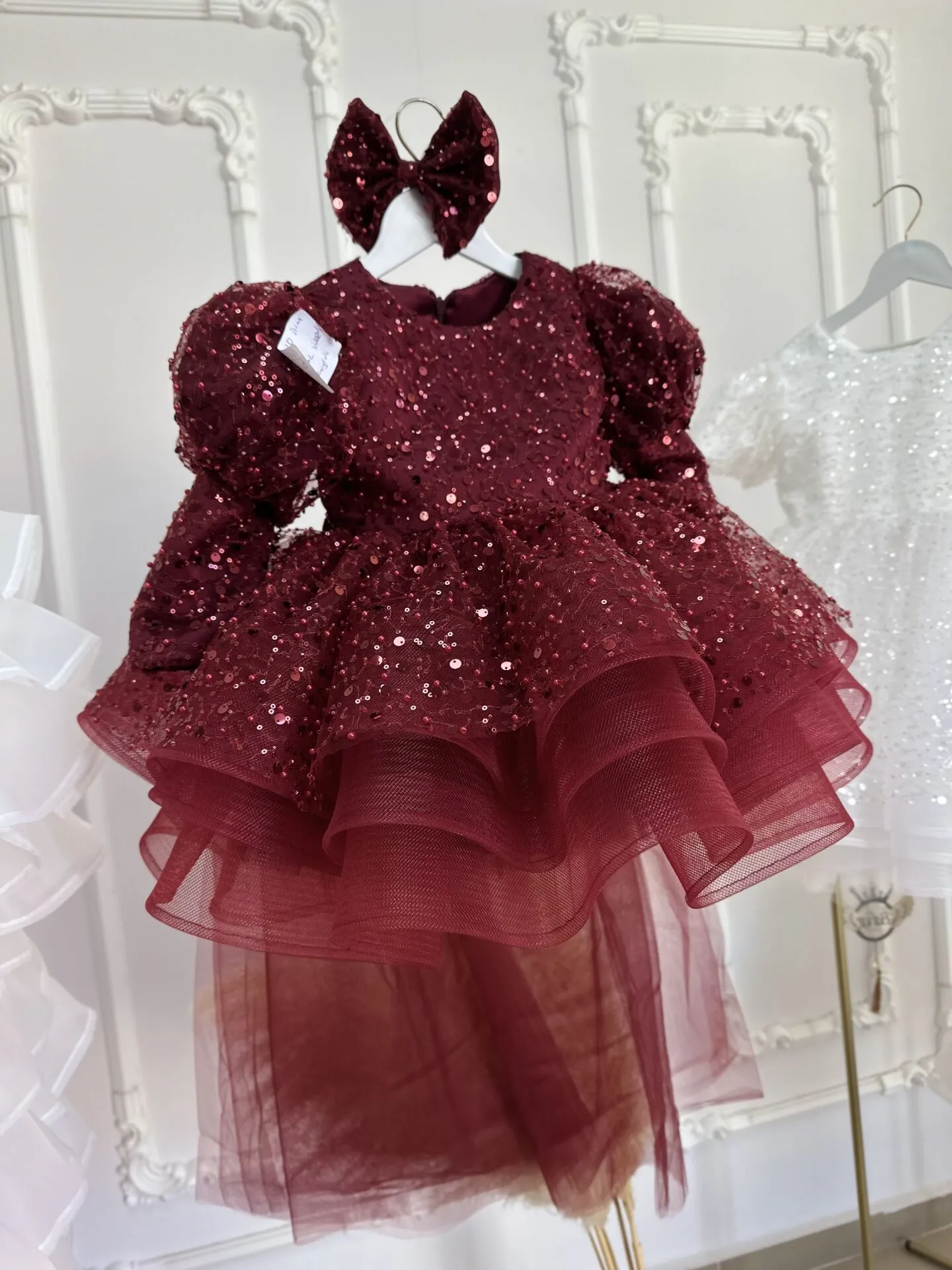 Bordo Kuyruklu,Uzun Kol Kışlık Düğün,Doğum günü,Özel Parti Çocuk Elbisesi