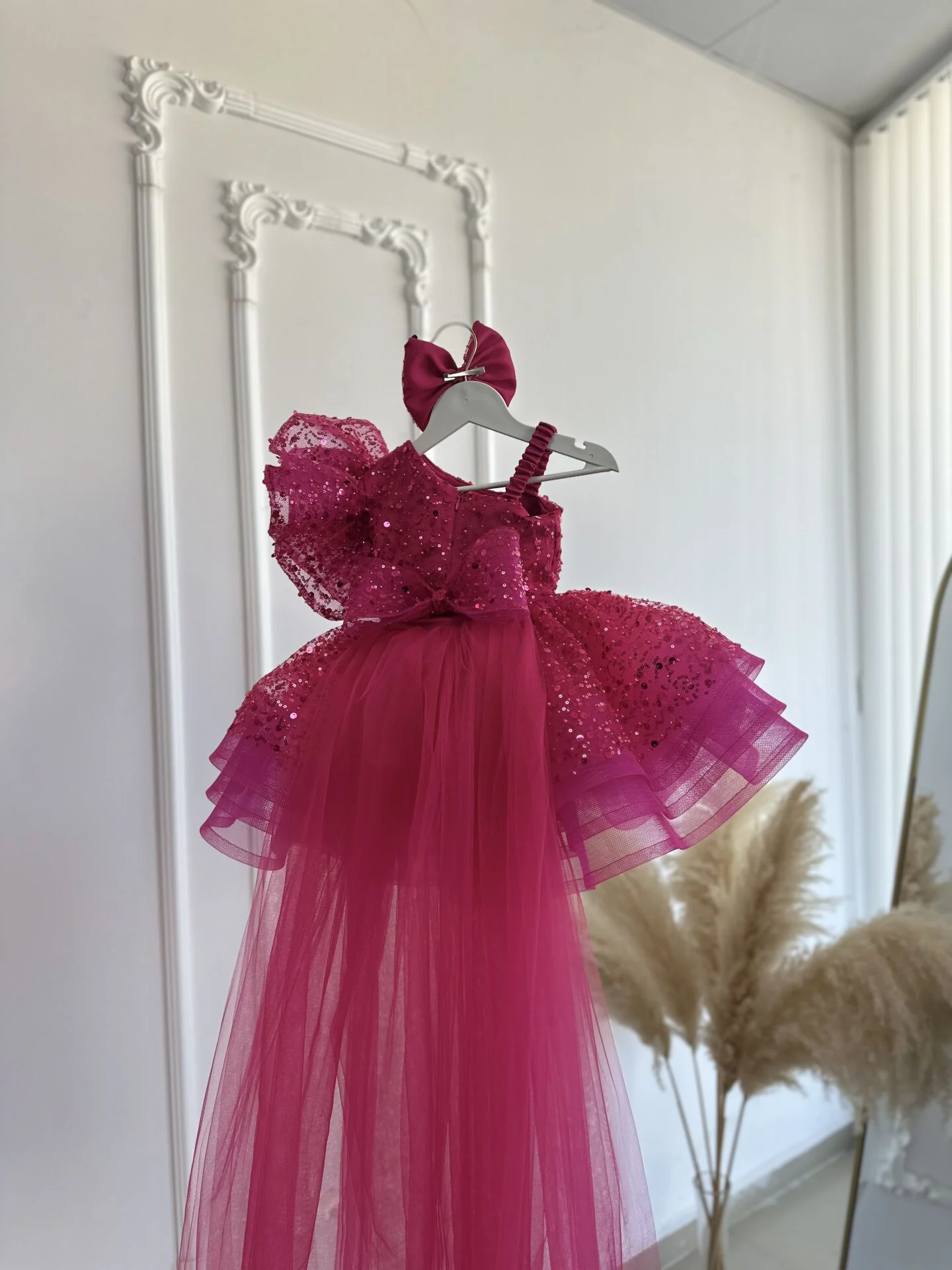 Fuşya Renk Düğün,Nişan,Doğum Günü Çocuk Bebek Abiyesi Kuyruklu