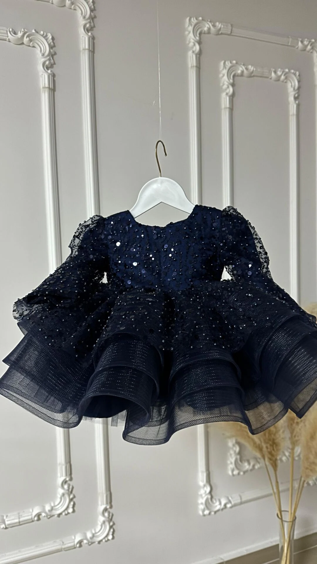 Lacivert Taşlı ,Uzun kollu incili Abiye