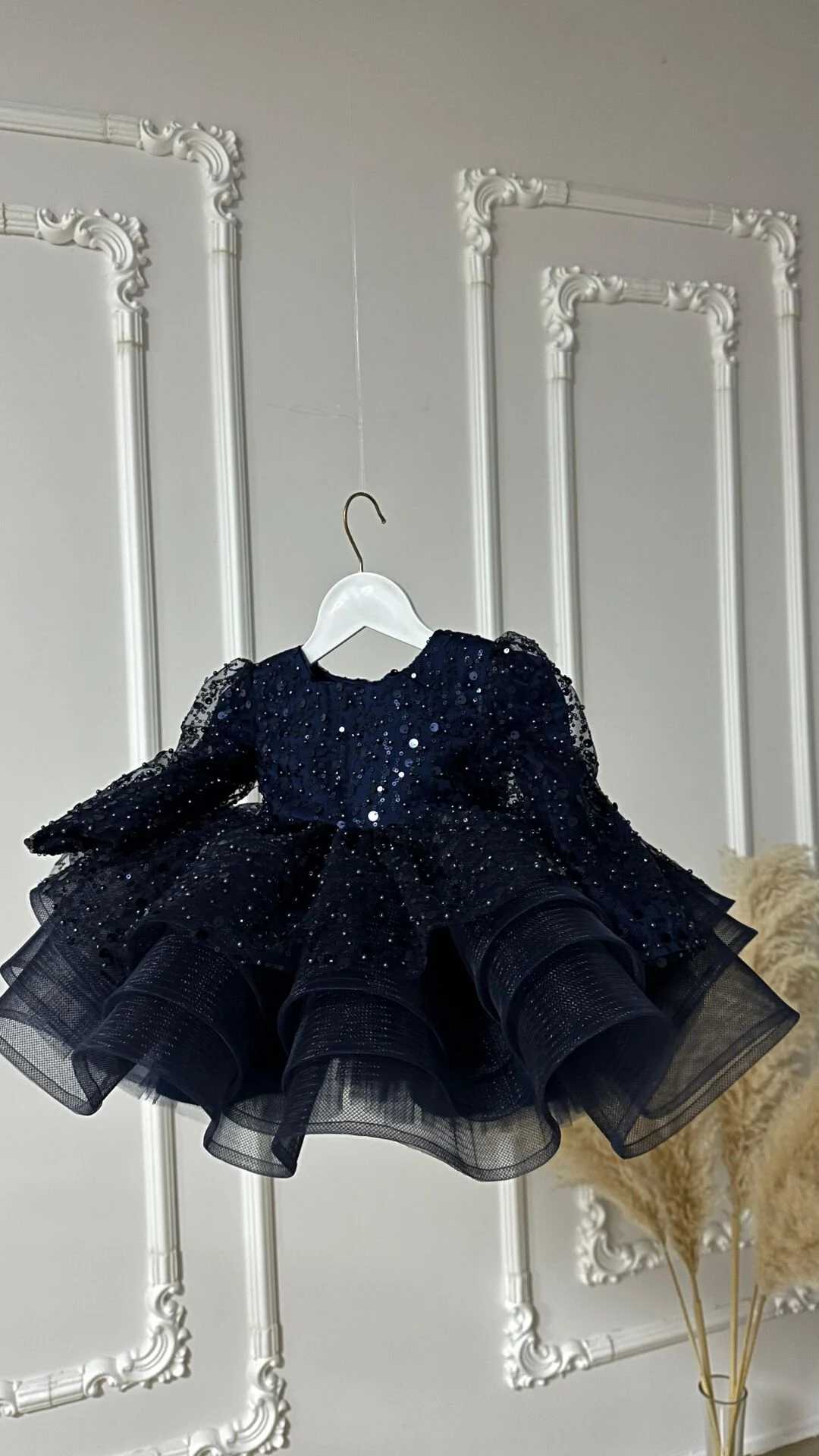 Lacivert Taşlı ,Uzun kollu incili Abiye