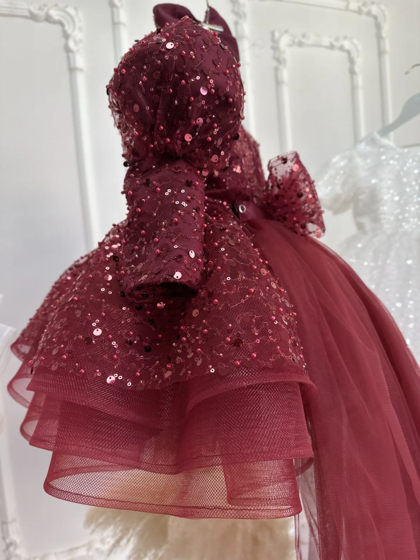 Bordo Kuyruklu,Uzun Kol Kışlık Düğün,Doğum günü,Özel Parti Çocuk Elbisesi