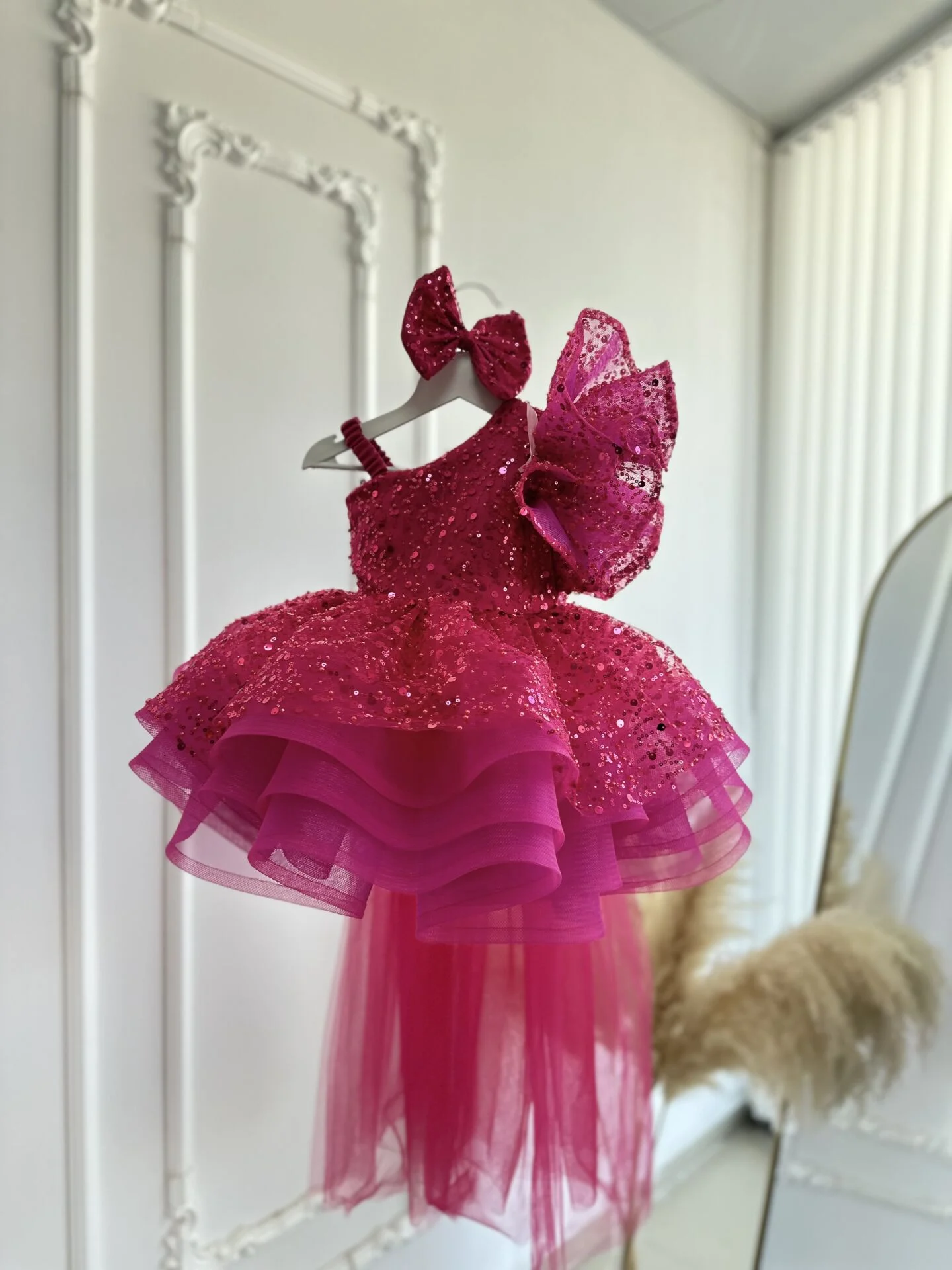 Fuşya Renk Düğün,Nişan,Doğum Günü Çocuk Bebek Abiyesi Kuyruklu