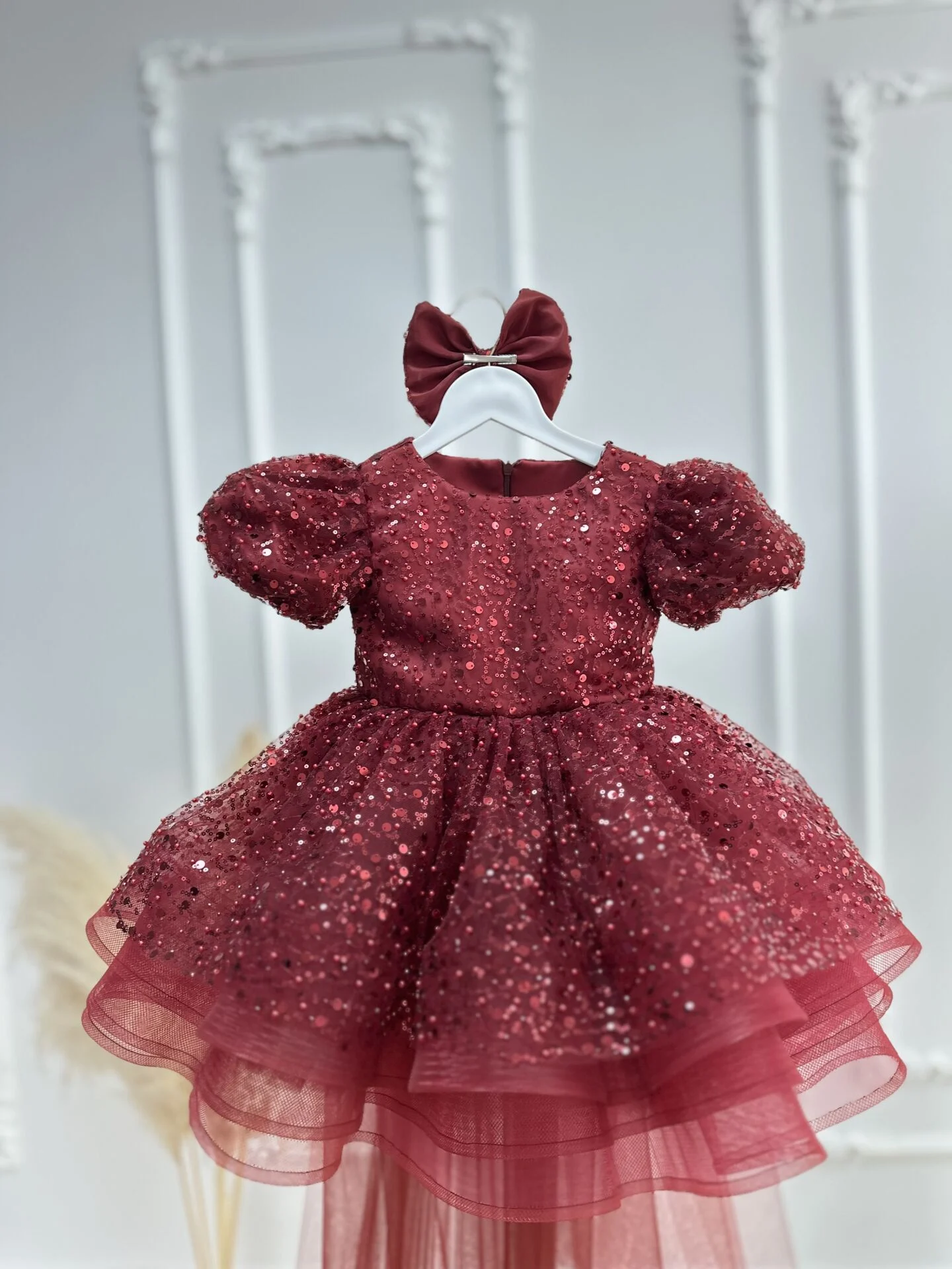 Bordo Akasya Çocuk,Bebek Abiyesi ,taşlı,Boncuklu,Düğün,nişan,kına Elbisesi