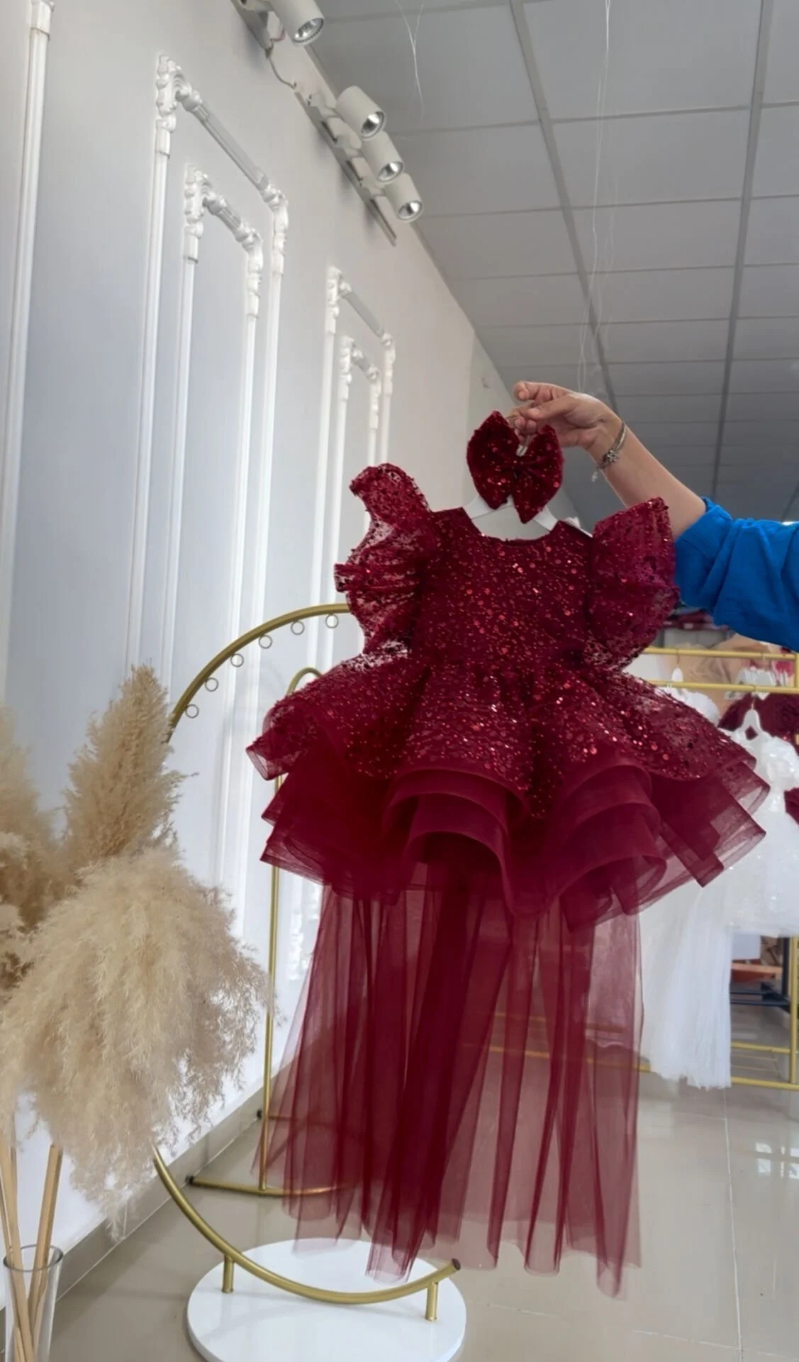 Bordo Renk Taşlı Düğün, Nişan, Doğum Günü Çocuk Abiyesi Kuyruklu