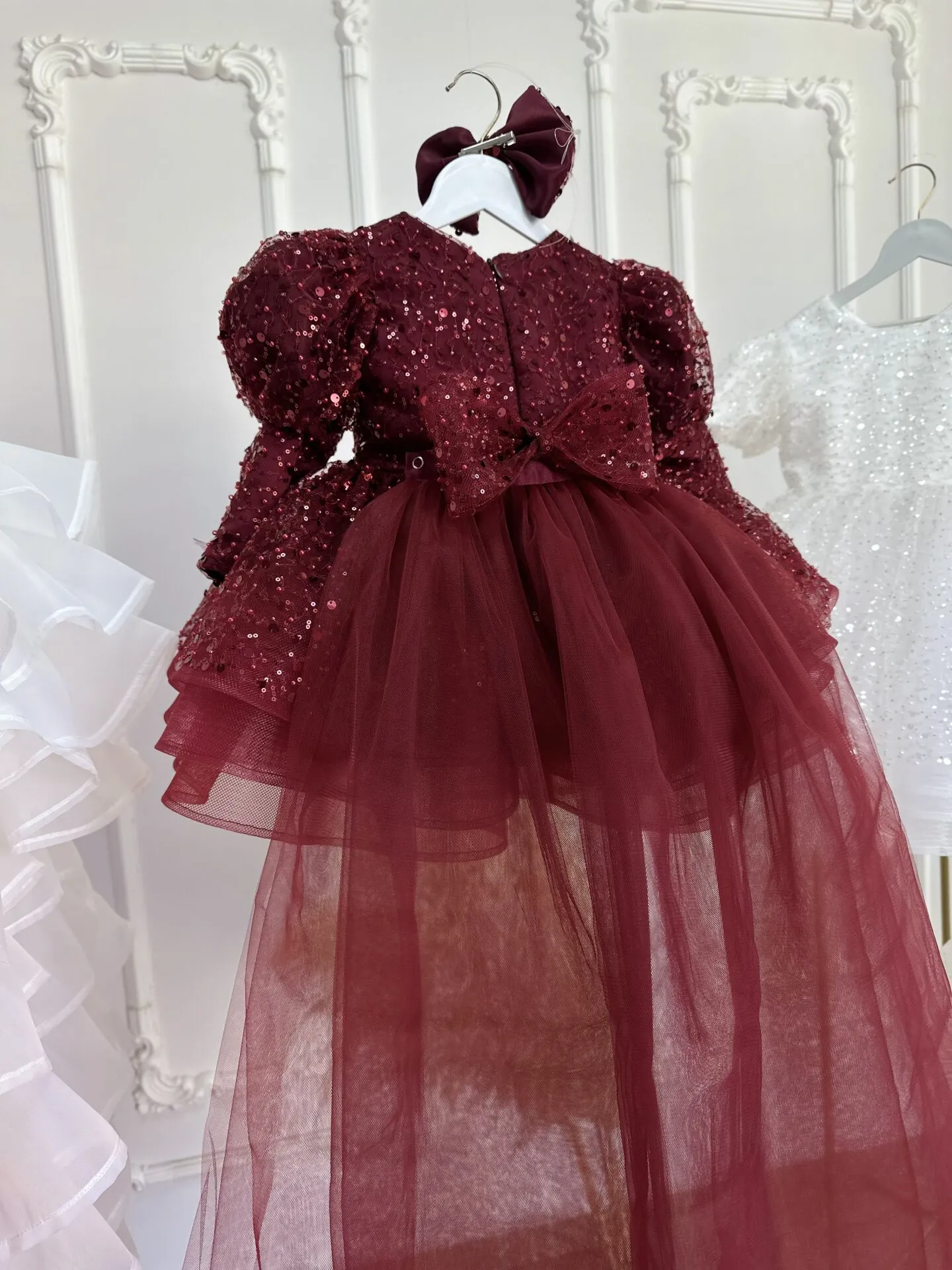 Bordo Kuyruklu,Uzun Kol Kışlık Düğün,Doğum günü,Özel Parti Çocuk Elbisesi