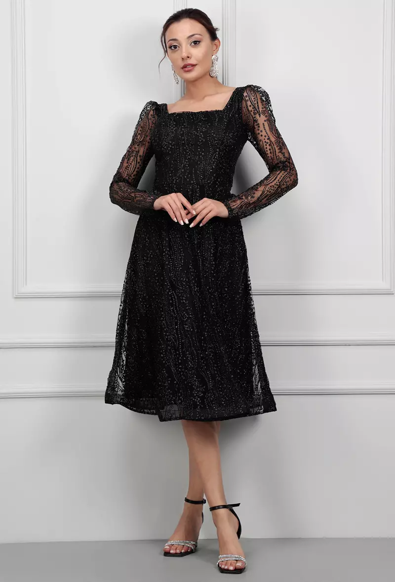 Tül Simli Kumaş Midi Boy Abiye Elbise - Siyah