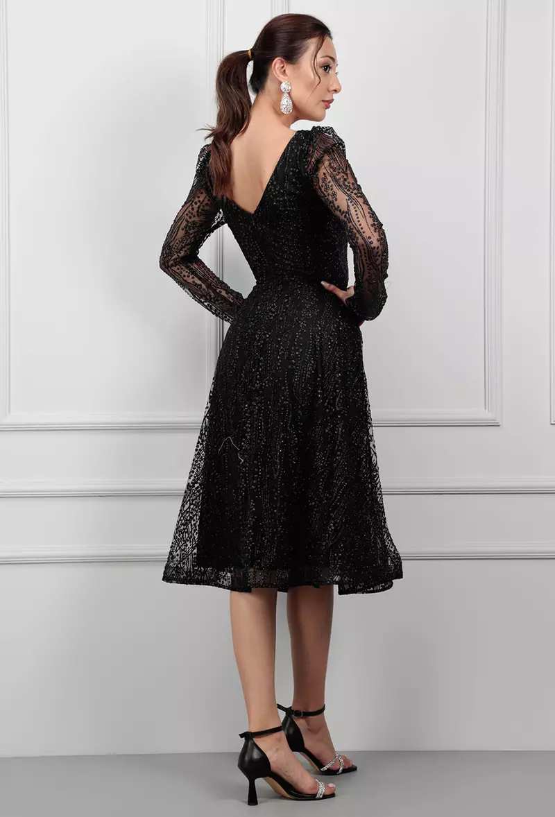 Tül Simli Kumaş Midi Boy Abiye Elbise - Siyah