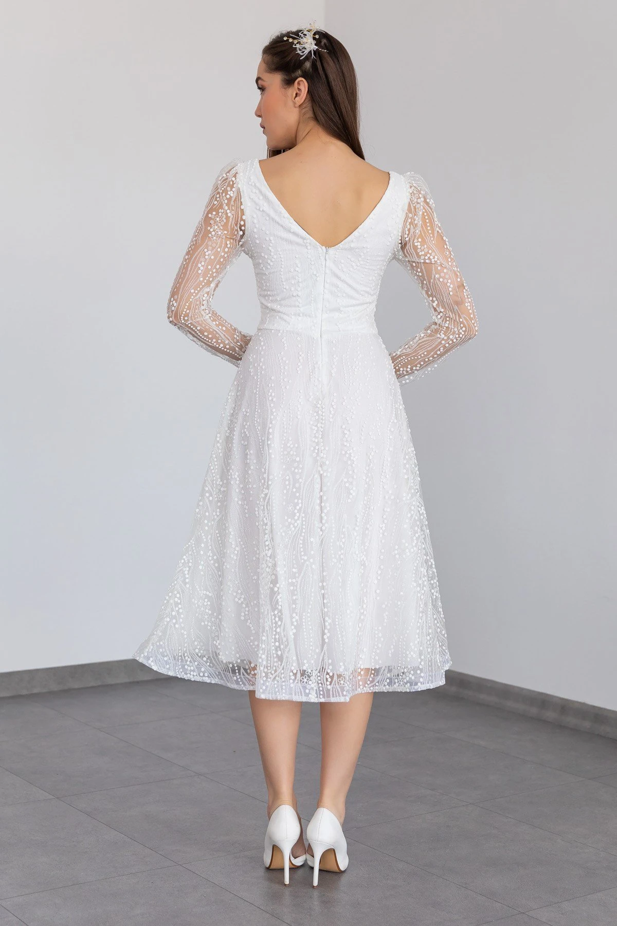 Tül Simli Kumaş Midi Boy Abiye Elbise - Beyaz