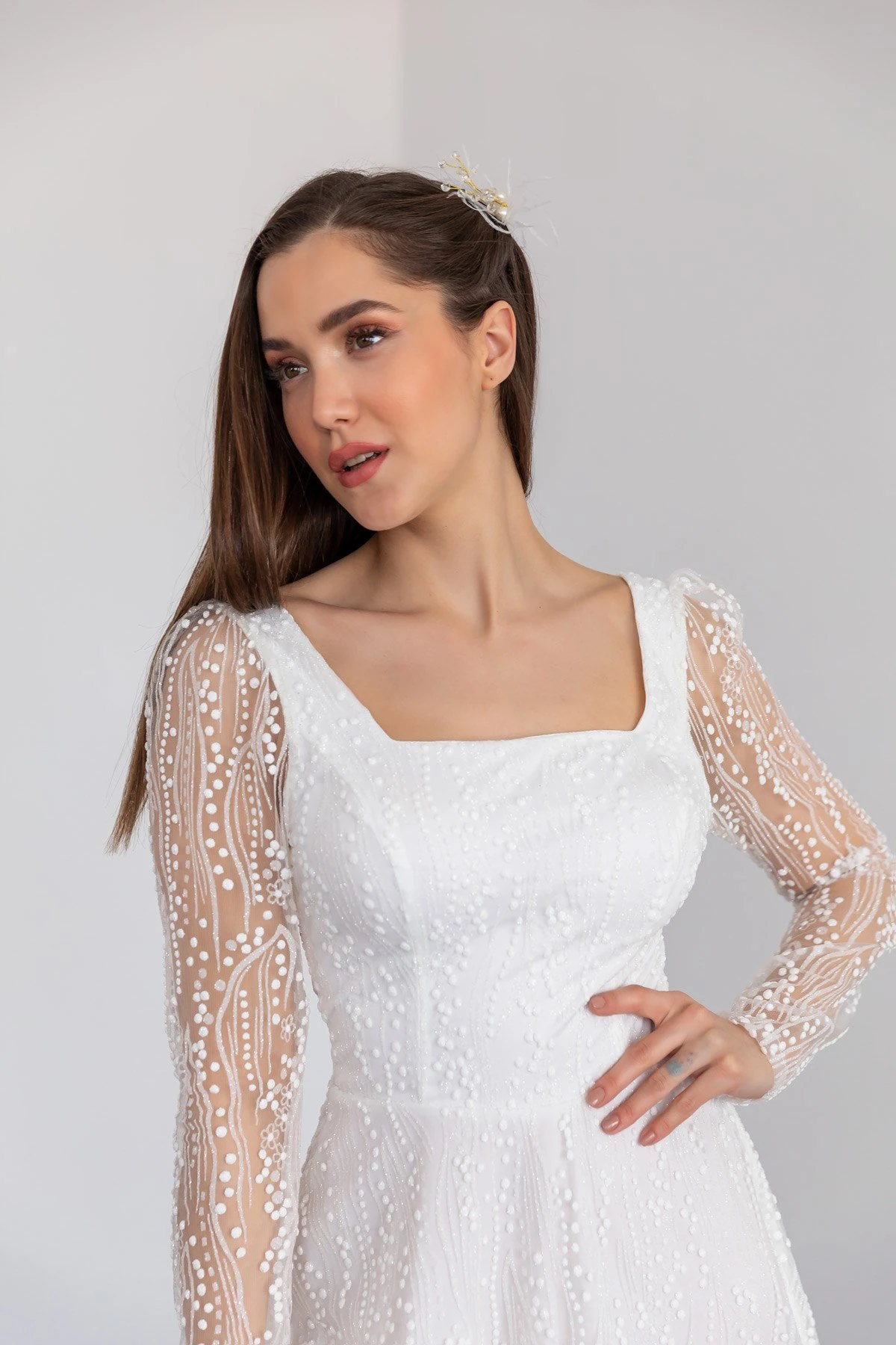 Tül Simli Kumaş Midi Boy Abiye Elbise - Beyaz