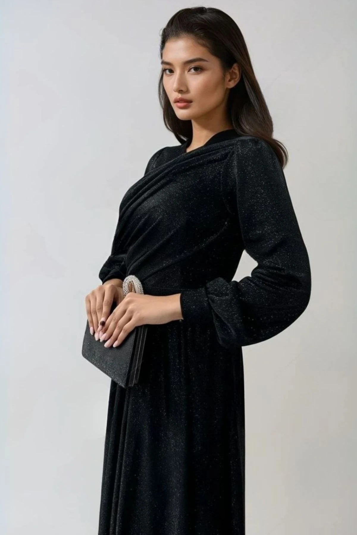 Simli Tül Kumaş Abiye Elbise - Siyah