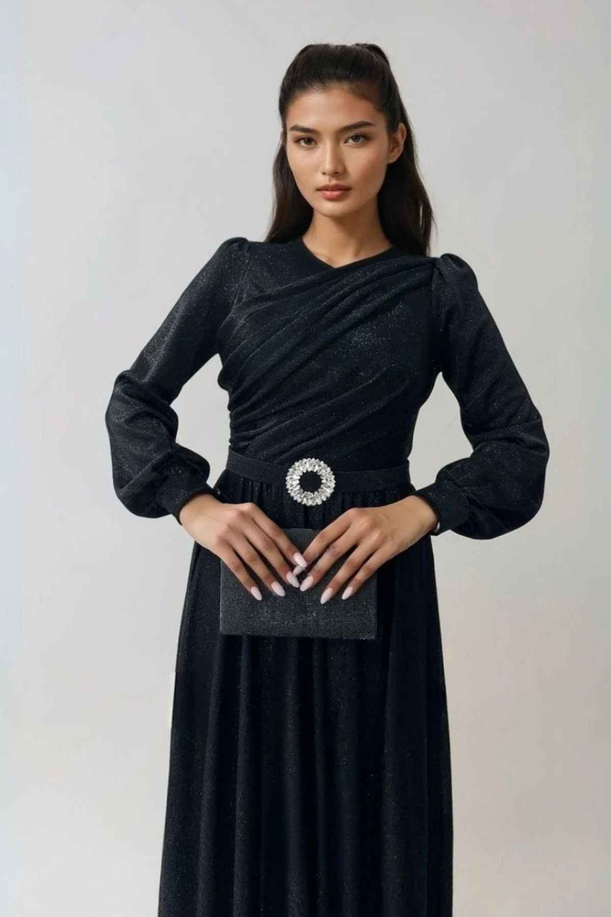 Simli Tül Kumaş Abiye Elbise - Siyah