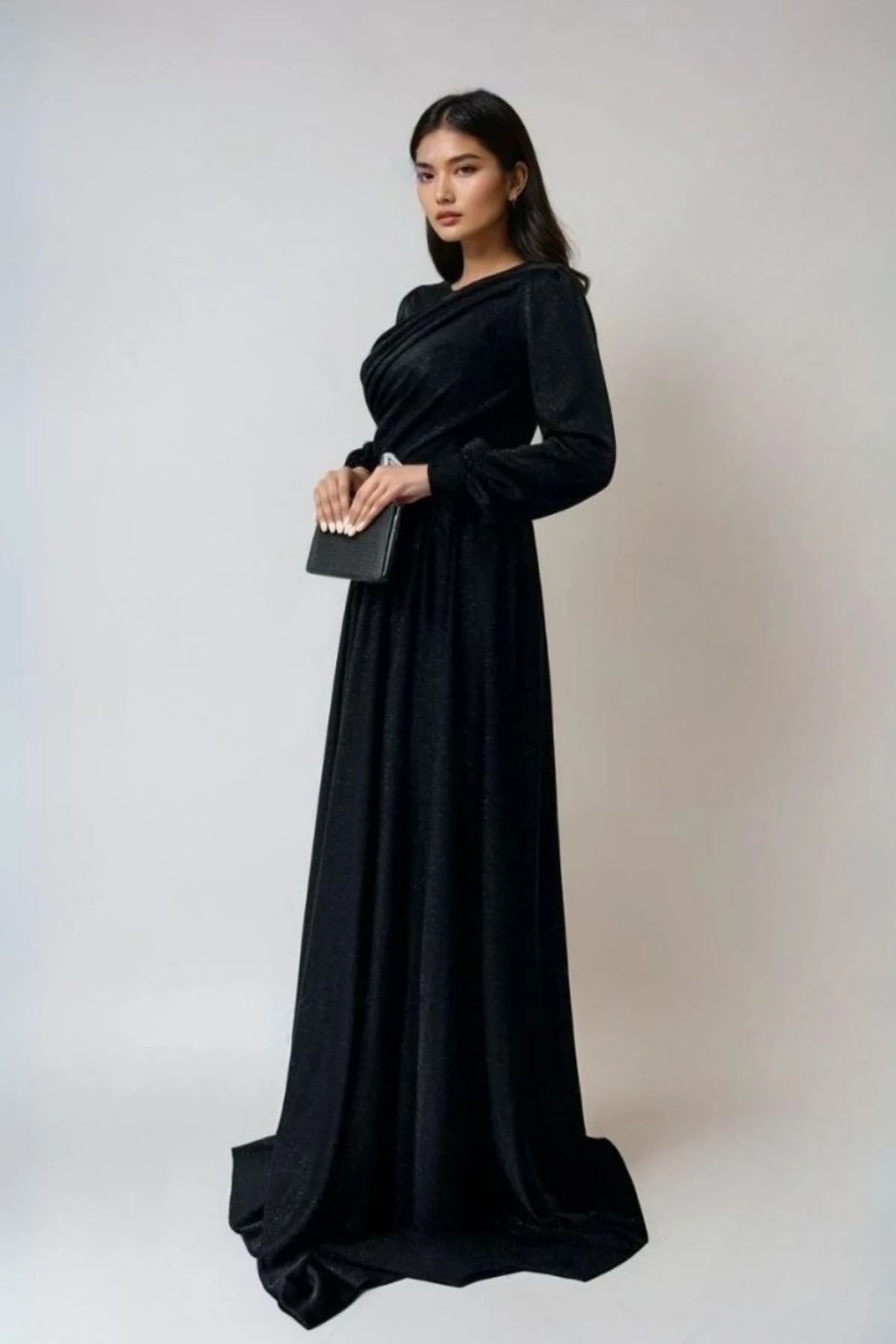 Simli Tül Kumaş Abiye Elbise - Siyah