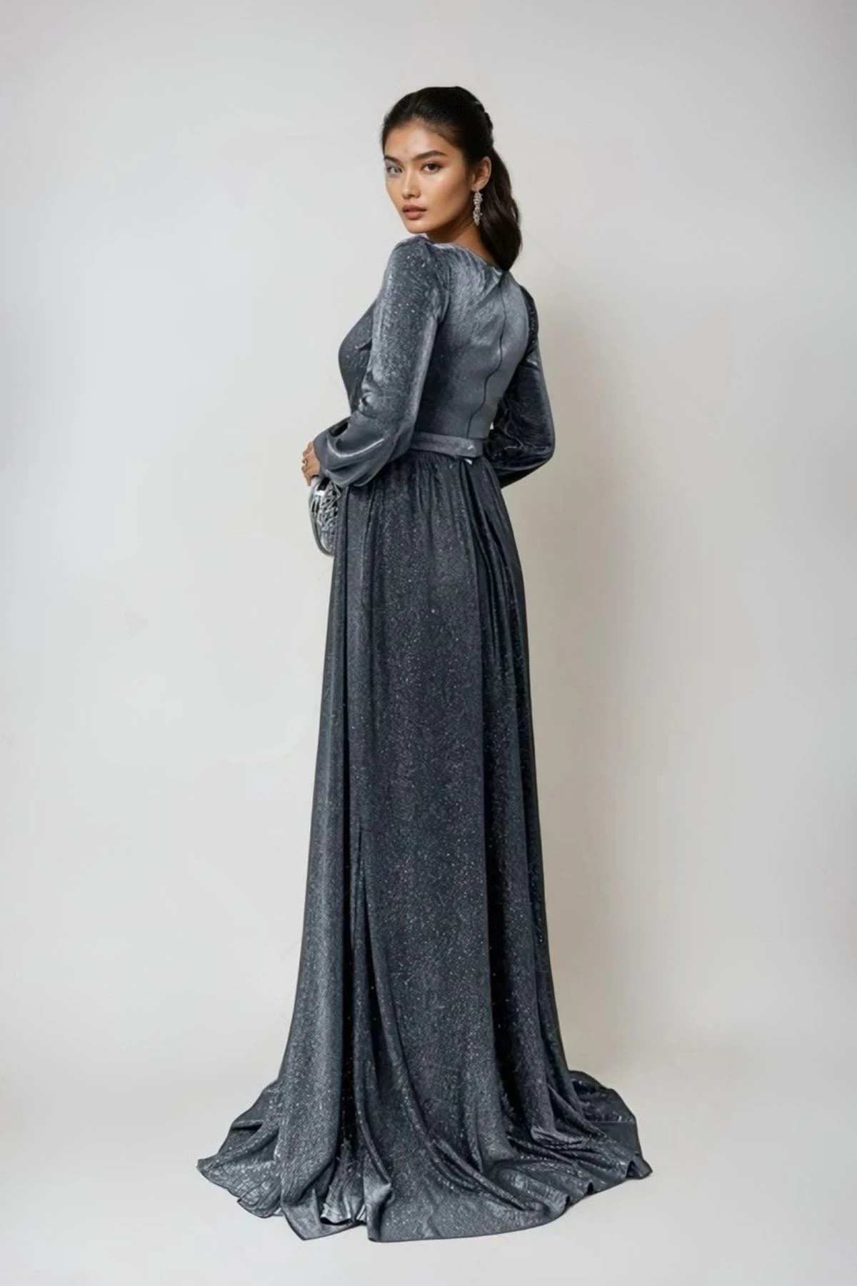 Simli Tül Kumaş Abiye Elbise - Gümüş Renk