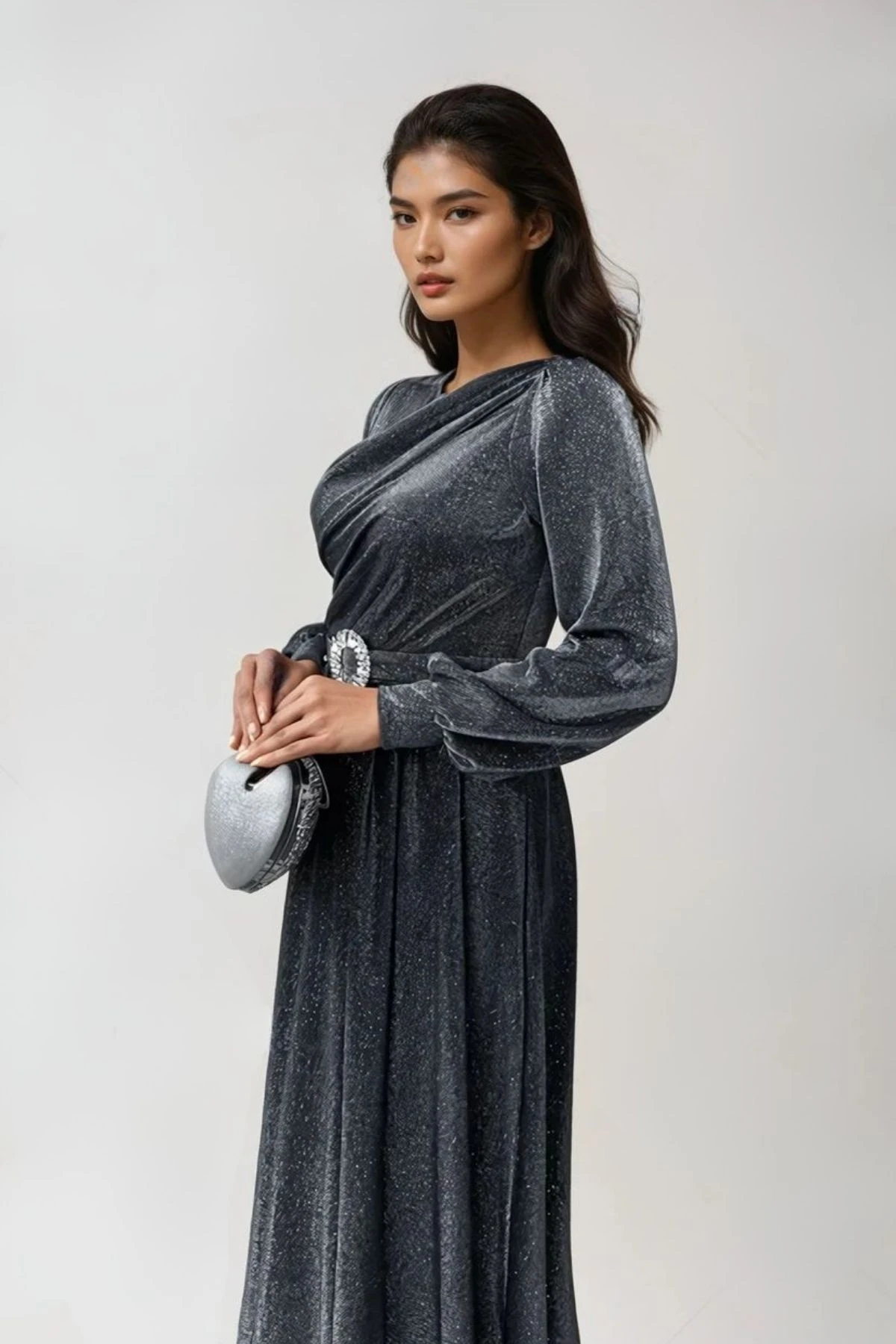 Simli Tül Kumaş Abiye Elbise - Gümüş Renk