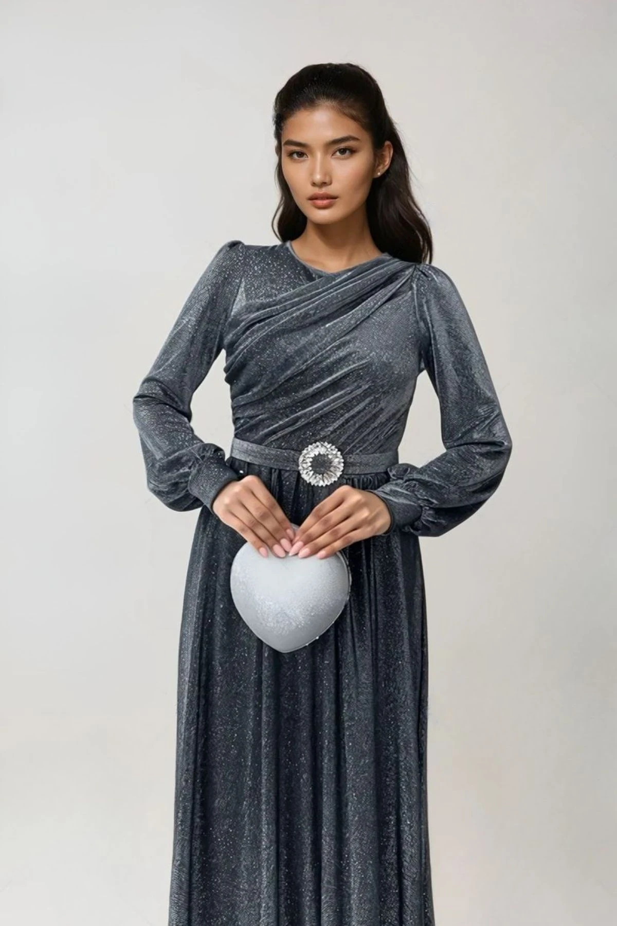 Simli Tül Kumaş Abiye Elbise - Gümüş Renk