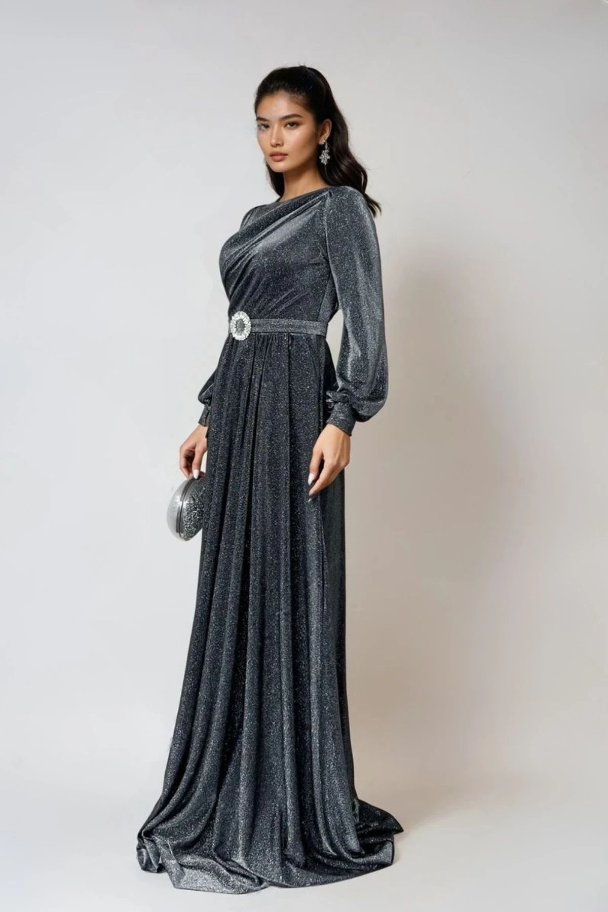 Simli Tül Kumaş Abiye Elbise - Gümüş Renk