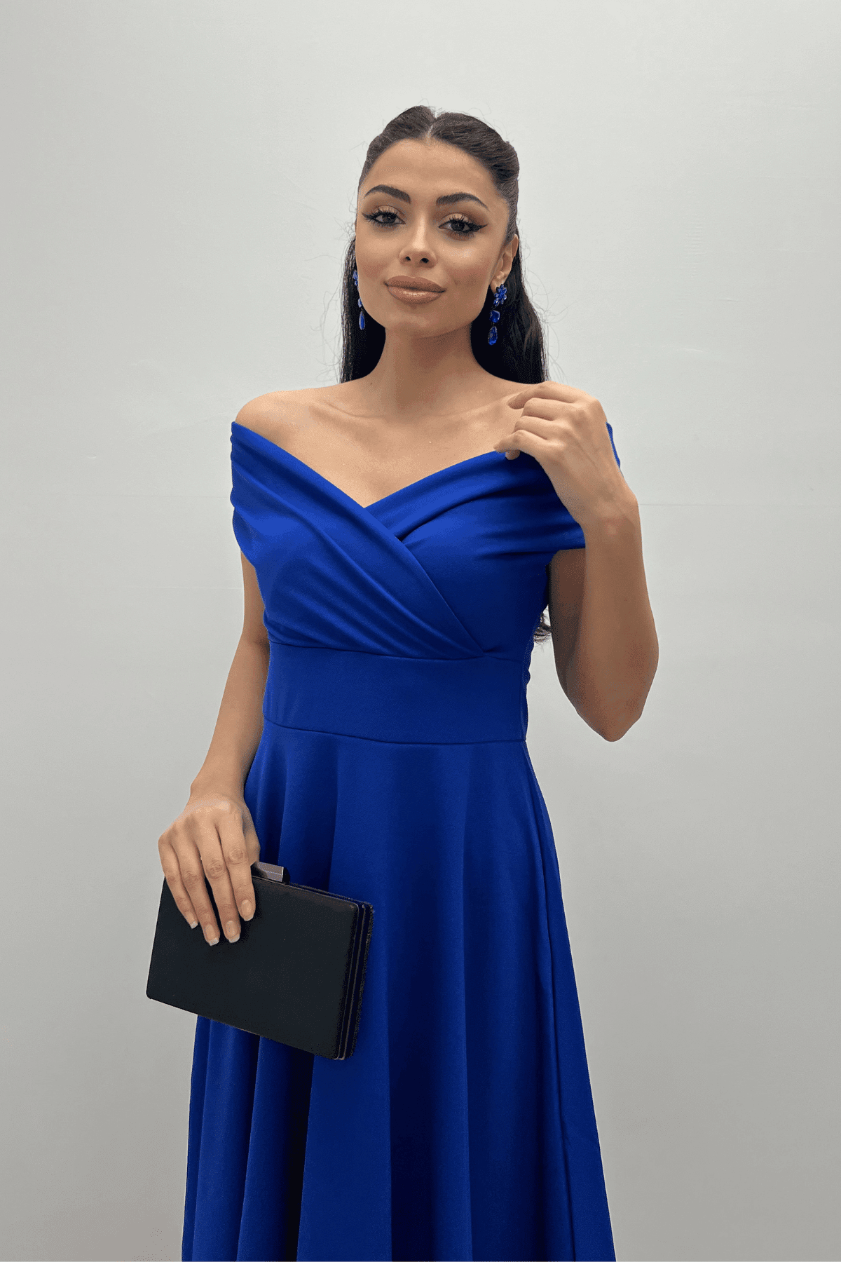 Kayık Yaka Midi Elbise - SAKS MAVİSİ