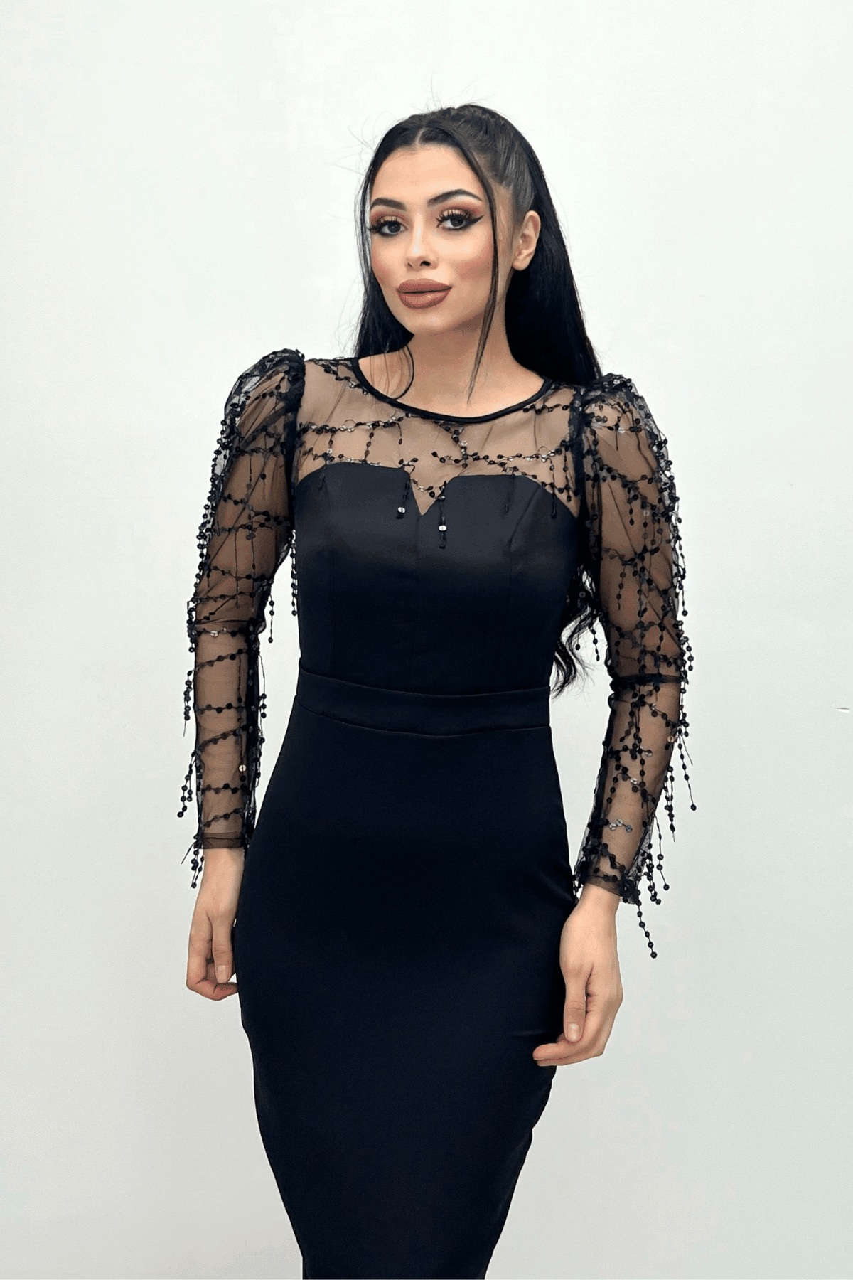 Double Kumaş Pul Saçaklı Elbise - Siyah
