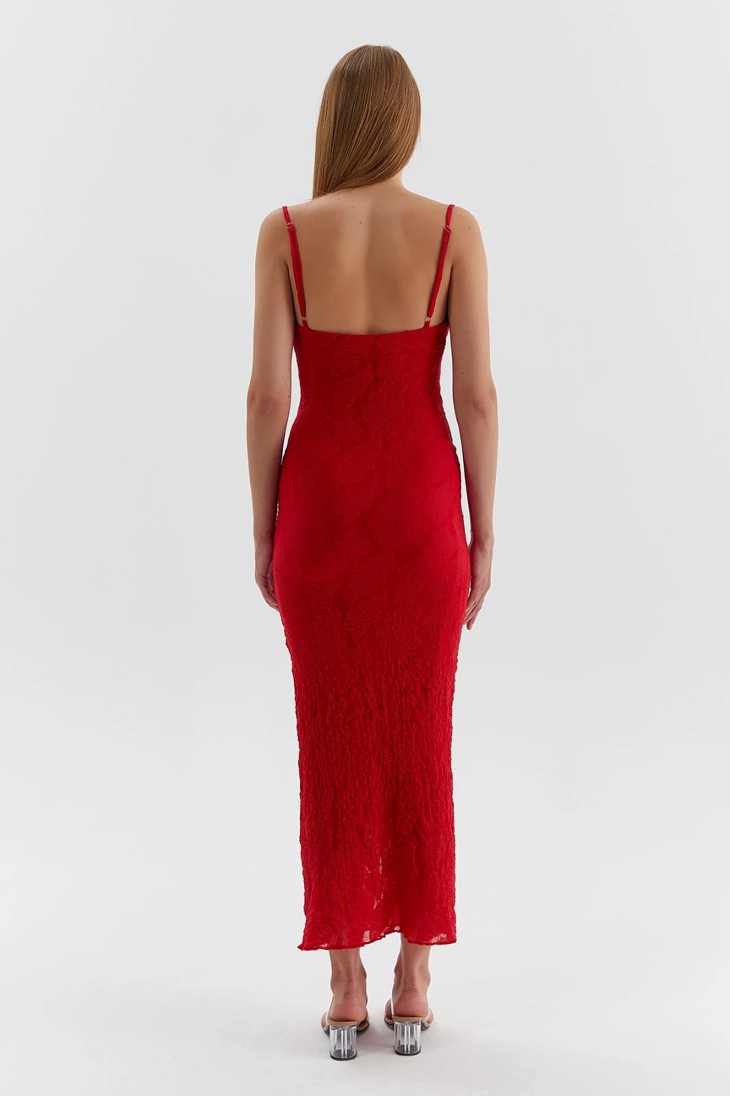 Degaje Yaka Askılı Dantel Elbise - Kırmızı