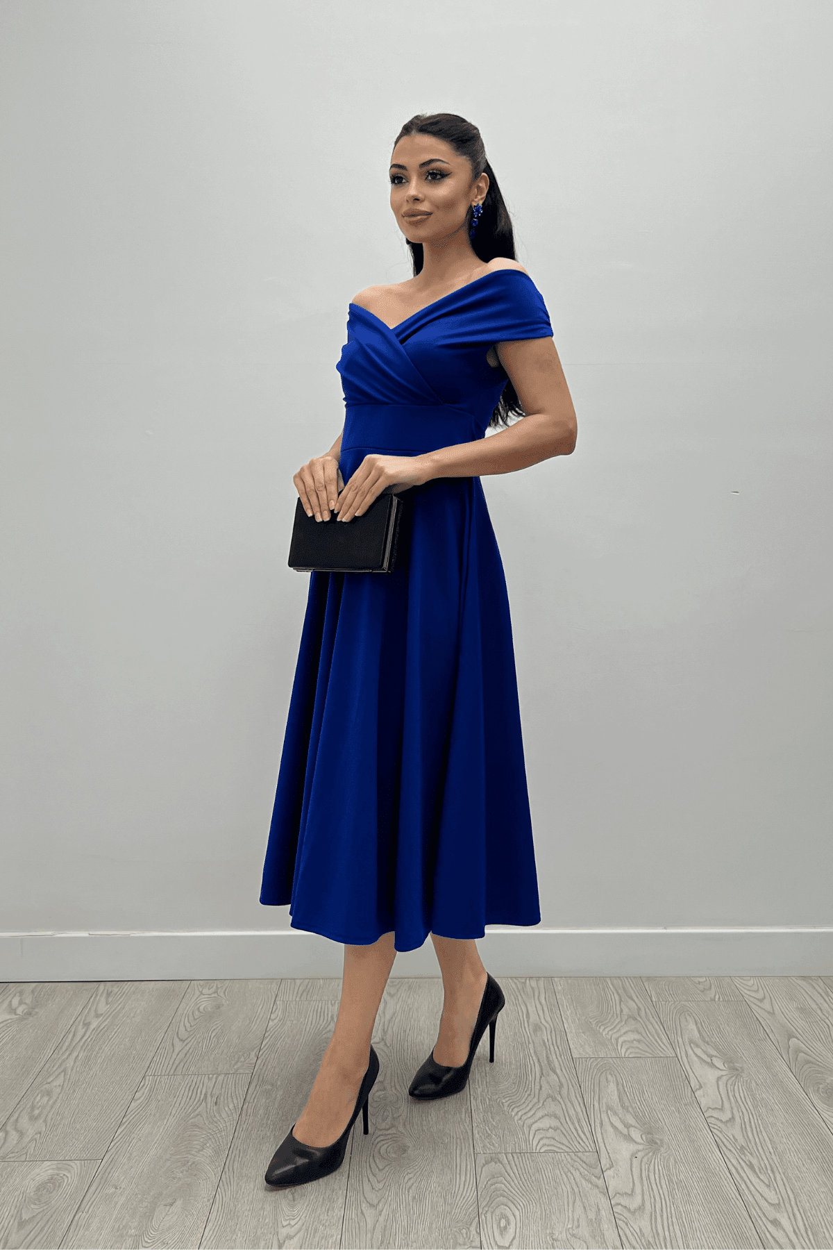 Kayık Yaka Midi Elbise - SAKS MAVİSİ