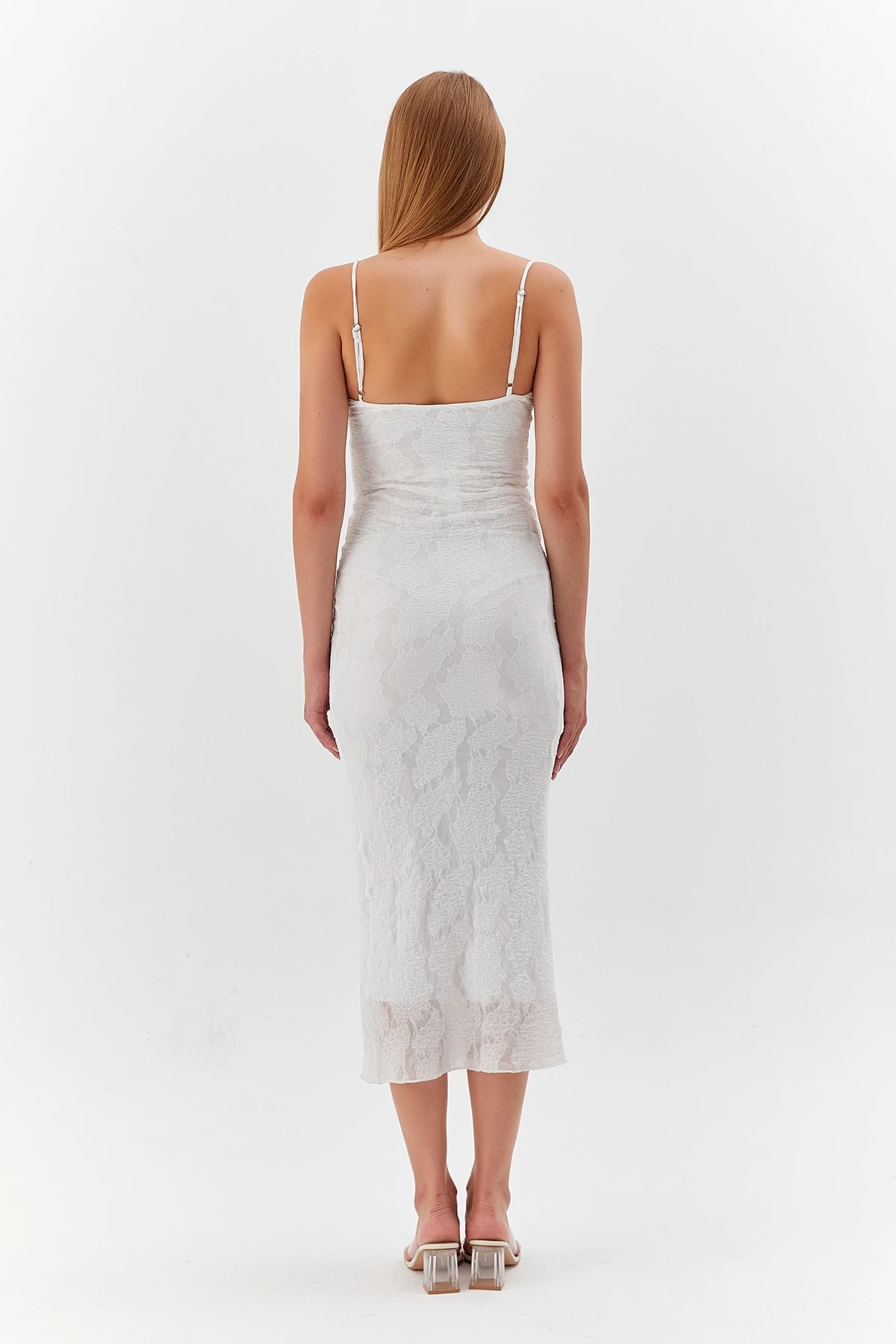 Degaje Yaka Askılı Dantel Elbise - Ekru