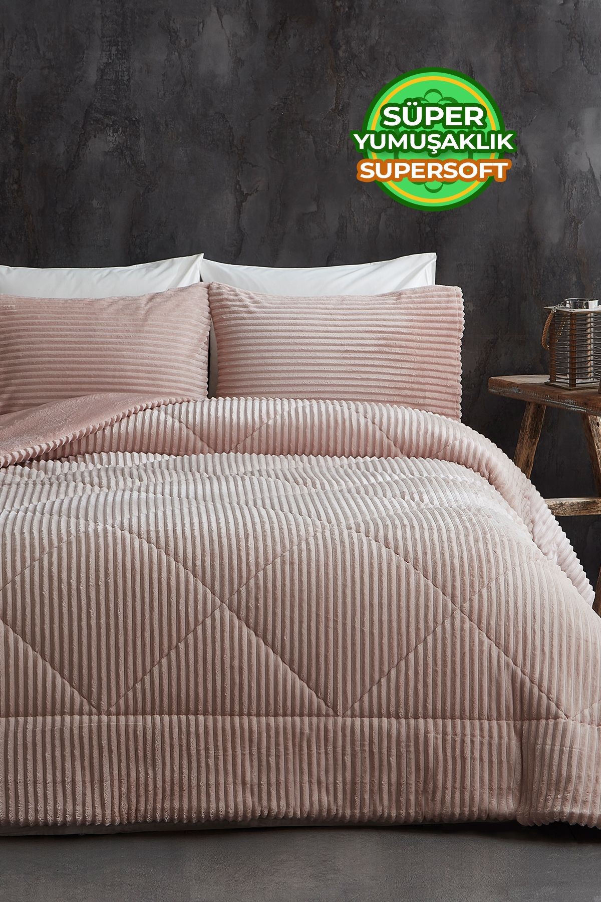 Sherpa Yorgan ( Yatak Örtüsü , Uyku Seti ) Peluş Yumuşak Günlük Wellsoft Çift Kişilik 3 Prça Gri