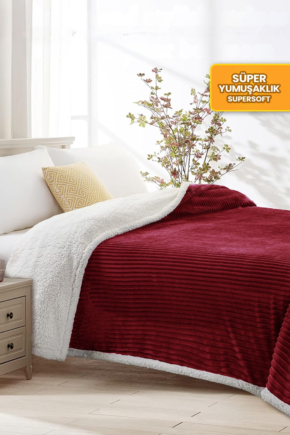 Sherpa Battaniye Çift Kişilik Çizgili Yumuşak Peluş Wellsoft Yatak Örtüsü