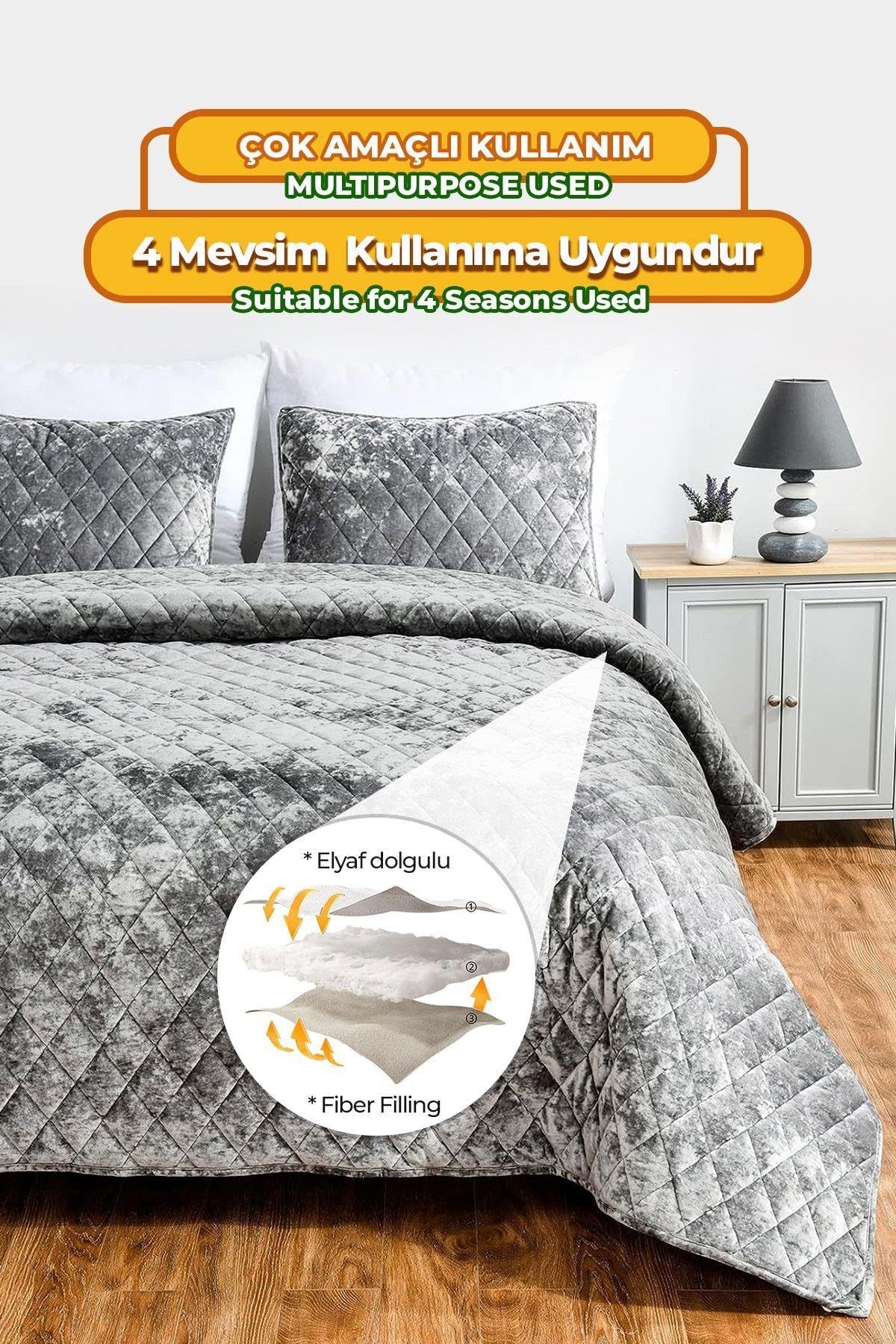 Kapitone Kadife Yatak Örtüsü Seti Tek Kişilik Supersoft 2 Parça Yumuşak Elyaf Dolgulu Çeyizlik Gri