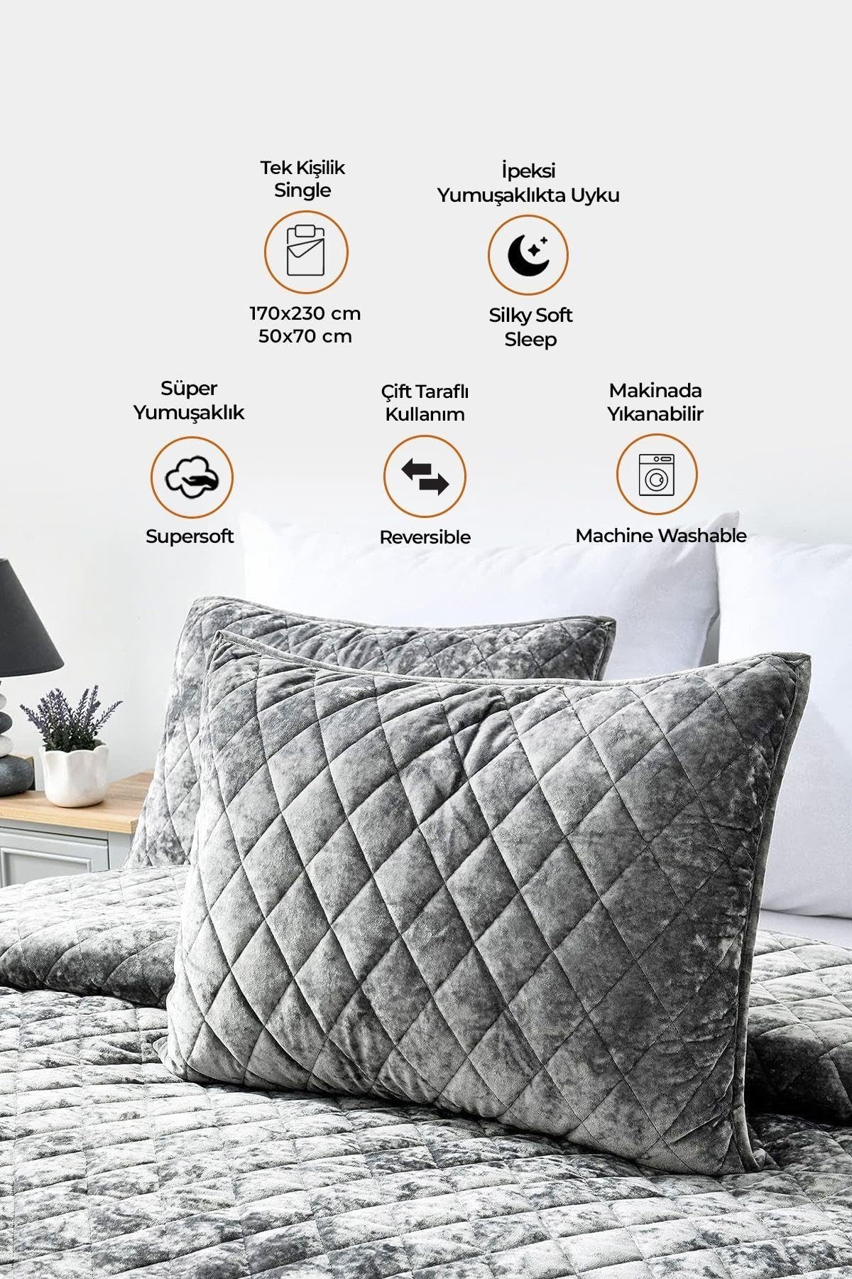 Kapitone Kadife Yatak Örtüsü Seti Tek Kişilik Supersoft 2 Parça Yumuşak Elyaf Dolgulu Çeyizlik Gri