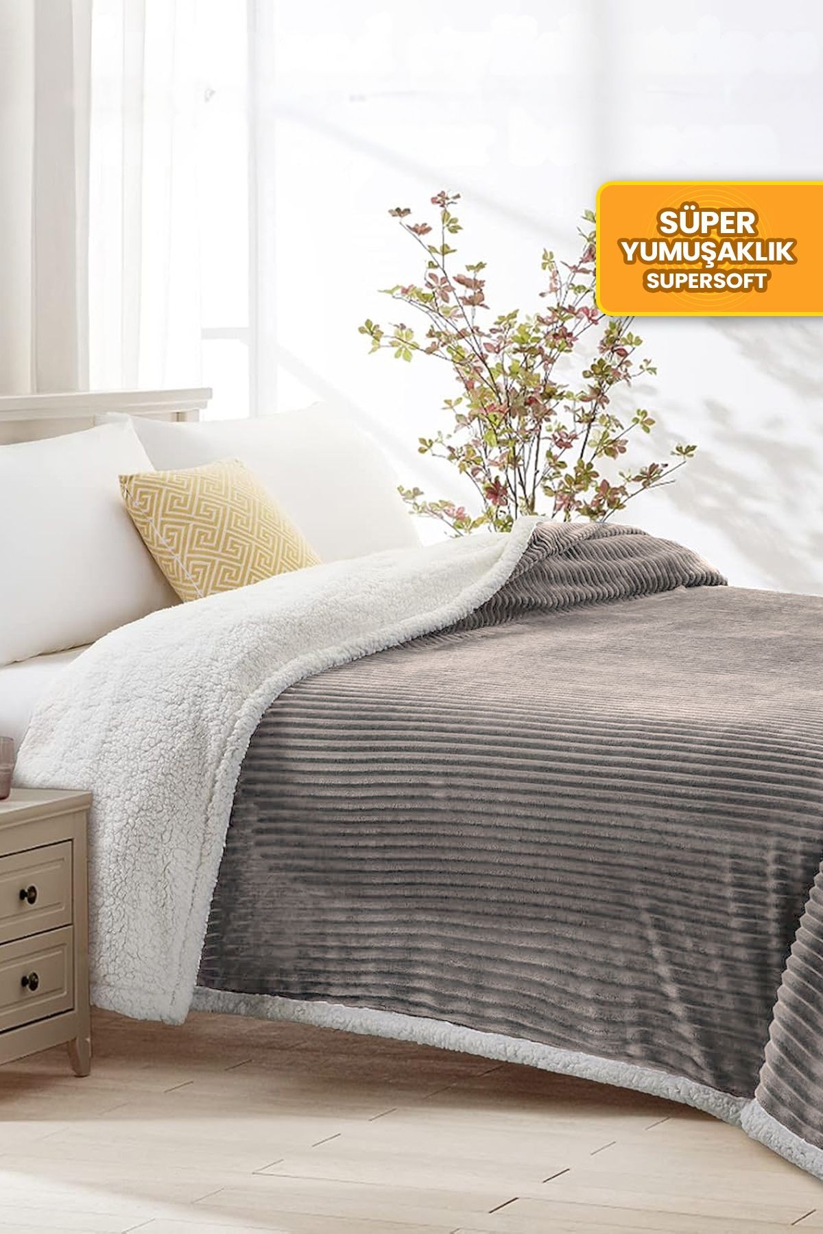 Sherpa Battaniye Çift Kişilik Çizgili Yumuşak Peluş Wellsoft Yatak Örtüsü - Vizon