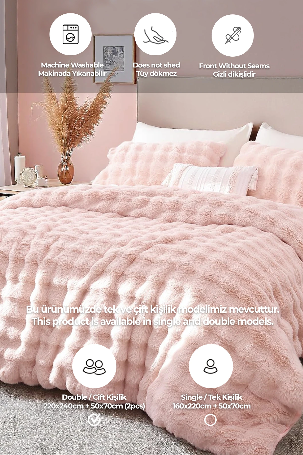 Kürk Yatak Örtüsü Çift Kişilik Dolgulu Peluş Yumuşak Çift Taraflı Yorgan 3 Parça Lory